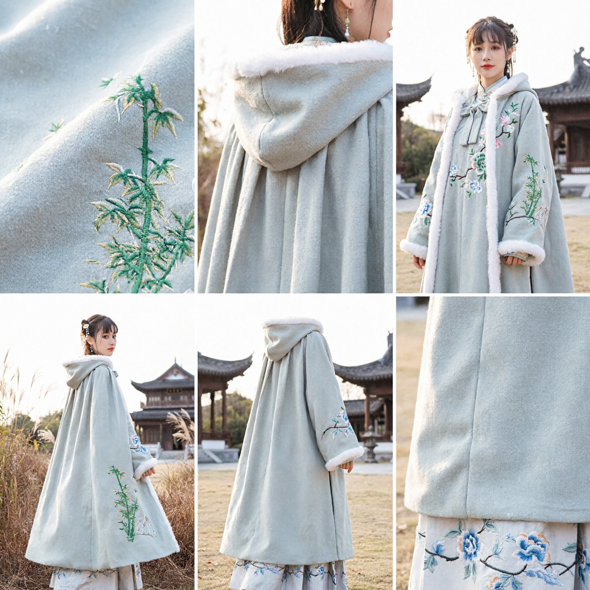 Traditioneel Chinees Hanfu Winter Mantel Dames Grijze Cape met Capuchon Bamboe Borduursel Oud Kostuum Cosplay Buitenkleding - Asian Costume