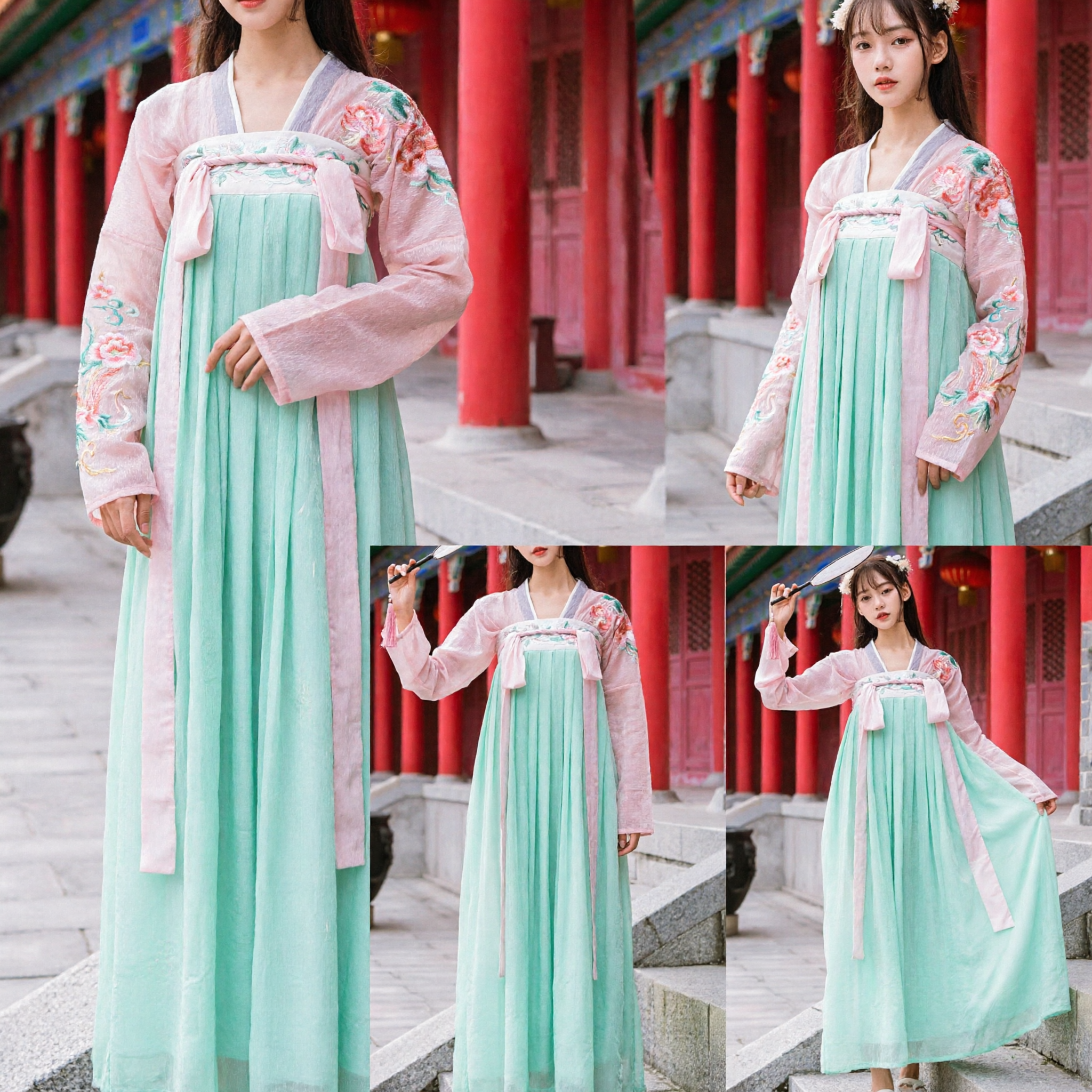 Traje Elegante Tradicional Chinês Hanfu Saia em Gradiente Verde e Blusa Rosa Vestido Antigo da Dinastia Tang para Mulheres - Asian Costume