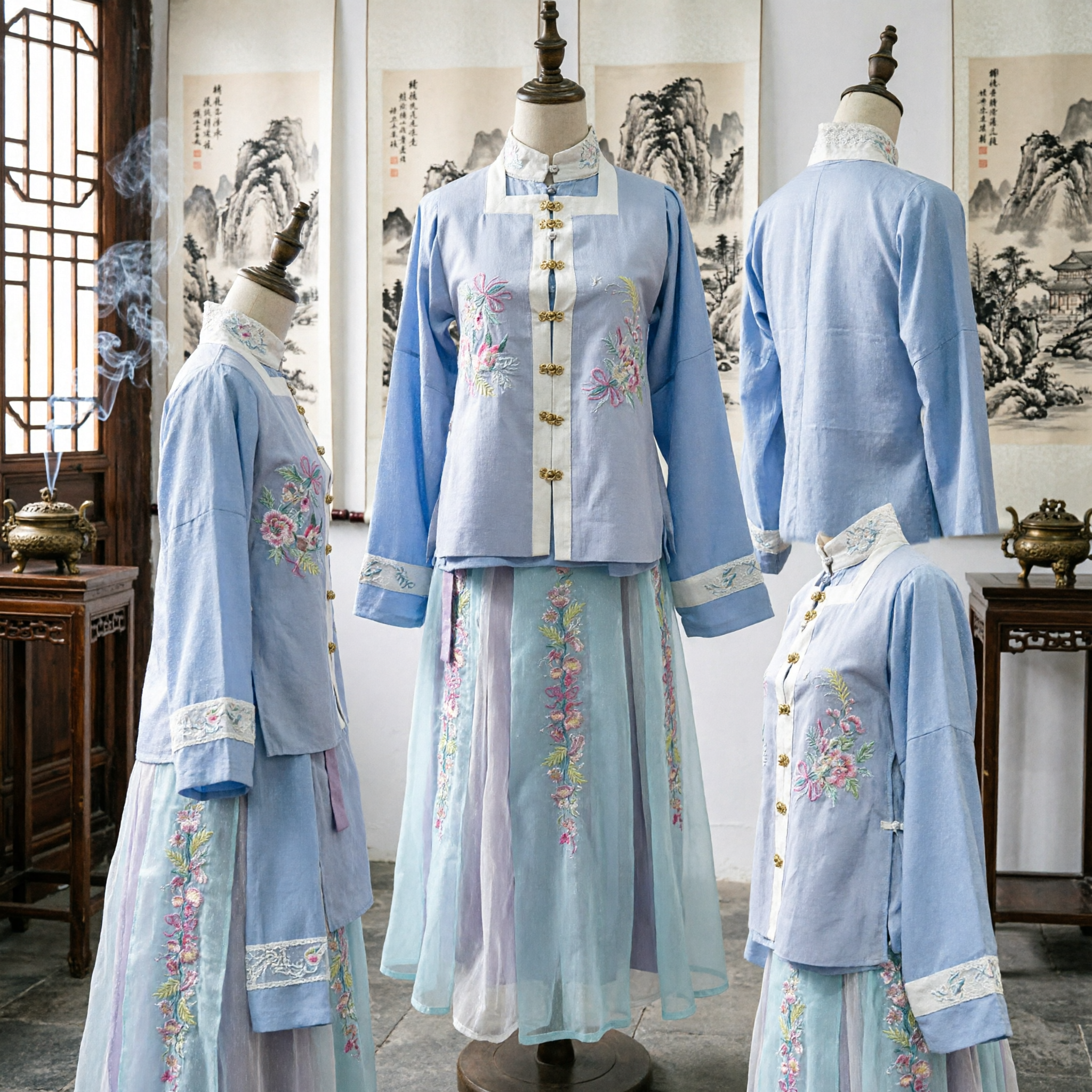 Costume Hanfu Tradizionale Cinese per Donne Set Giacca e Gonna Ricamati Azzurro Chiaro Stile Dinastia Ming - Asian Costume