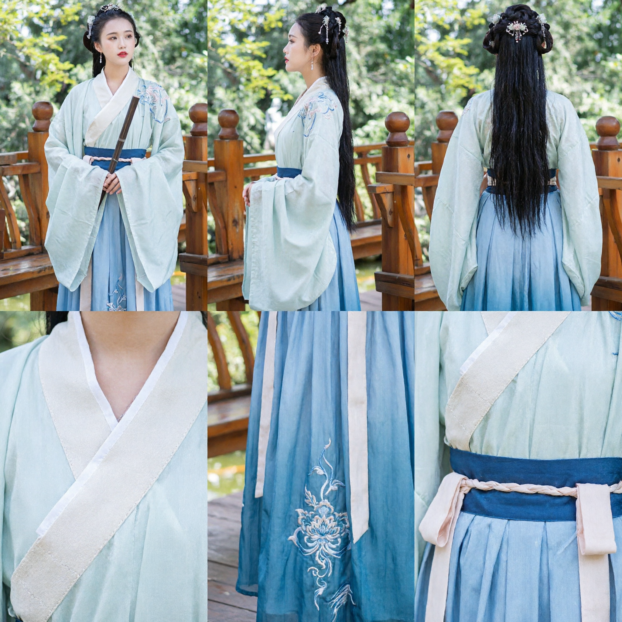 Hanfu traditionnel chinois élégant Costume ancien Robe de fée brodée bleu clair et vert pour femmes - Asian Costume