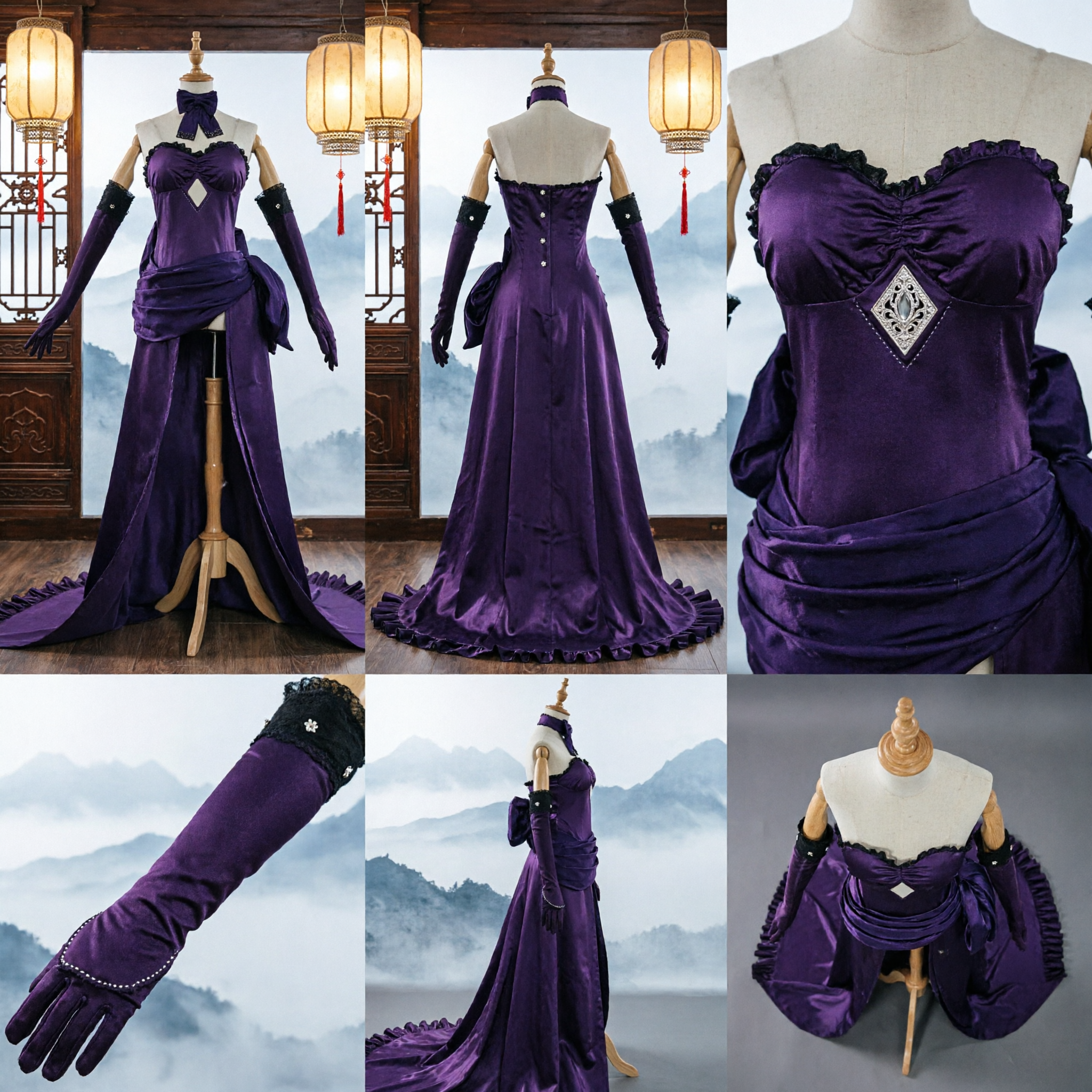 Vestido de Noite Elegante Roxo Traje de Cosplay Vestido de Baile Vitoriano para Mulheres com Luvas para Festa de Halloween - Asian Costume