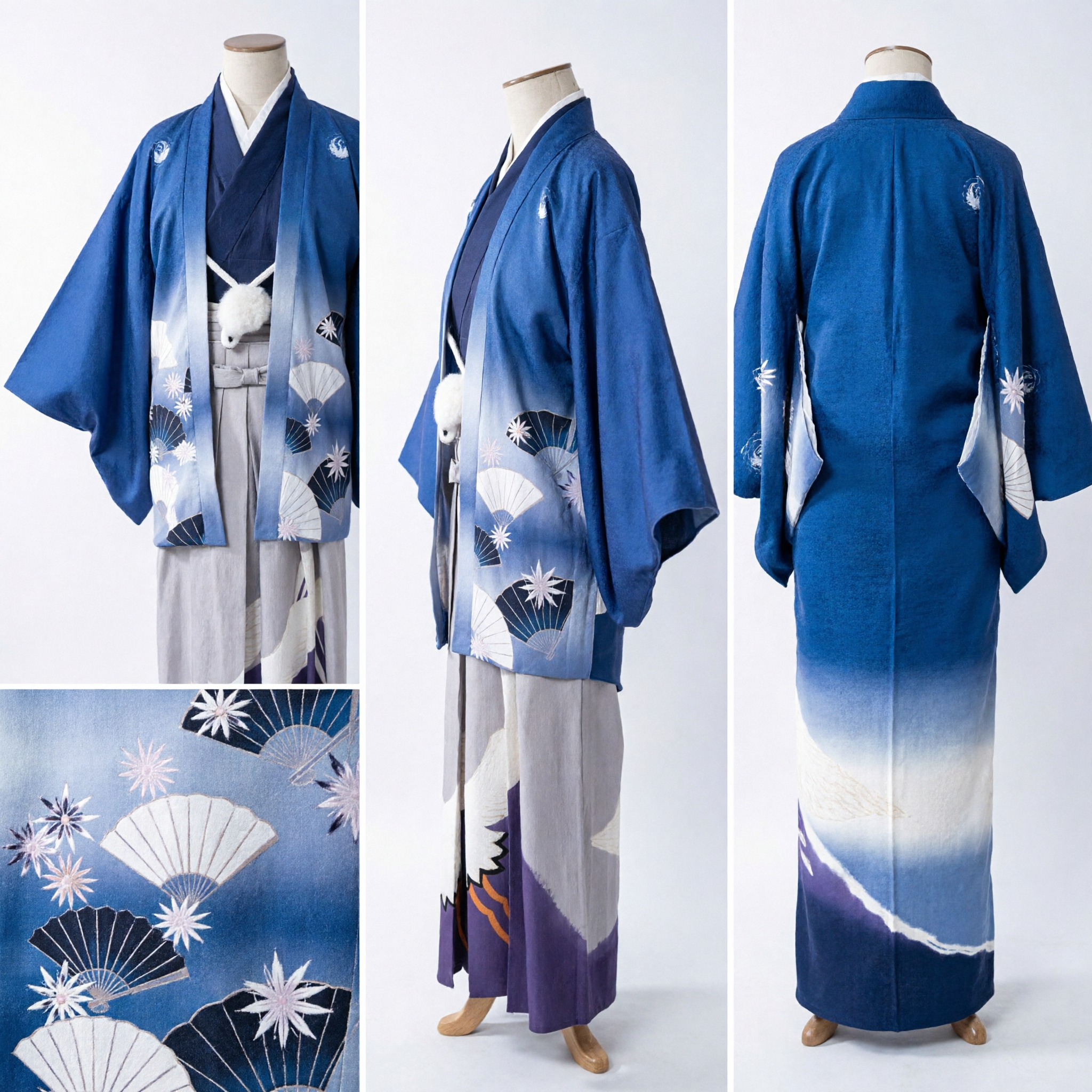 Kimono Japonês Tradicional Azul Traje de Cosplay com Leque e Conjunto Hakama com Estampa de Garça para Fãs de Anime - Asian Costume