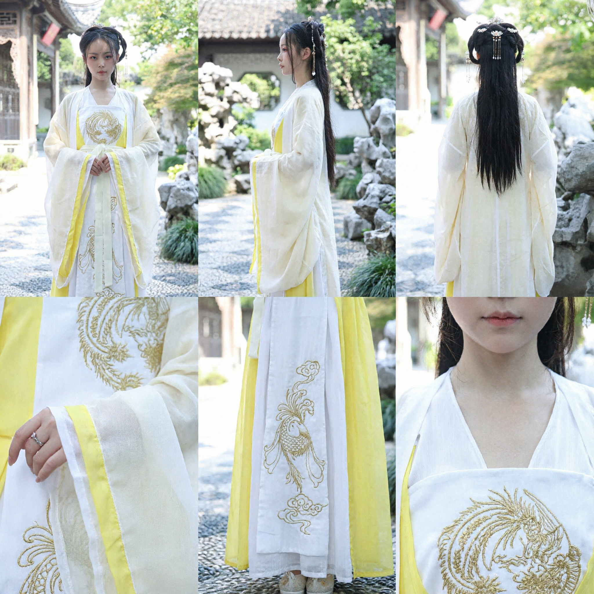 Hanfu Tradicional Chinês para Meninas Vestido de Princesa da Dinastia Tang Branco e Amarelo com Bordado de Fênix Dourada - Asian Costume