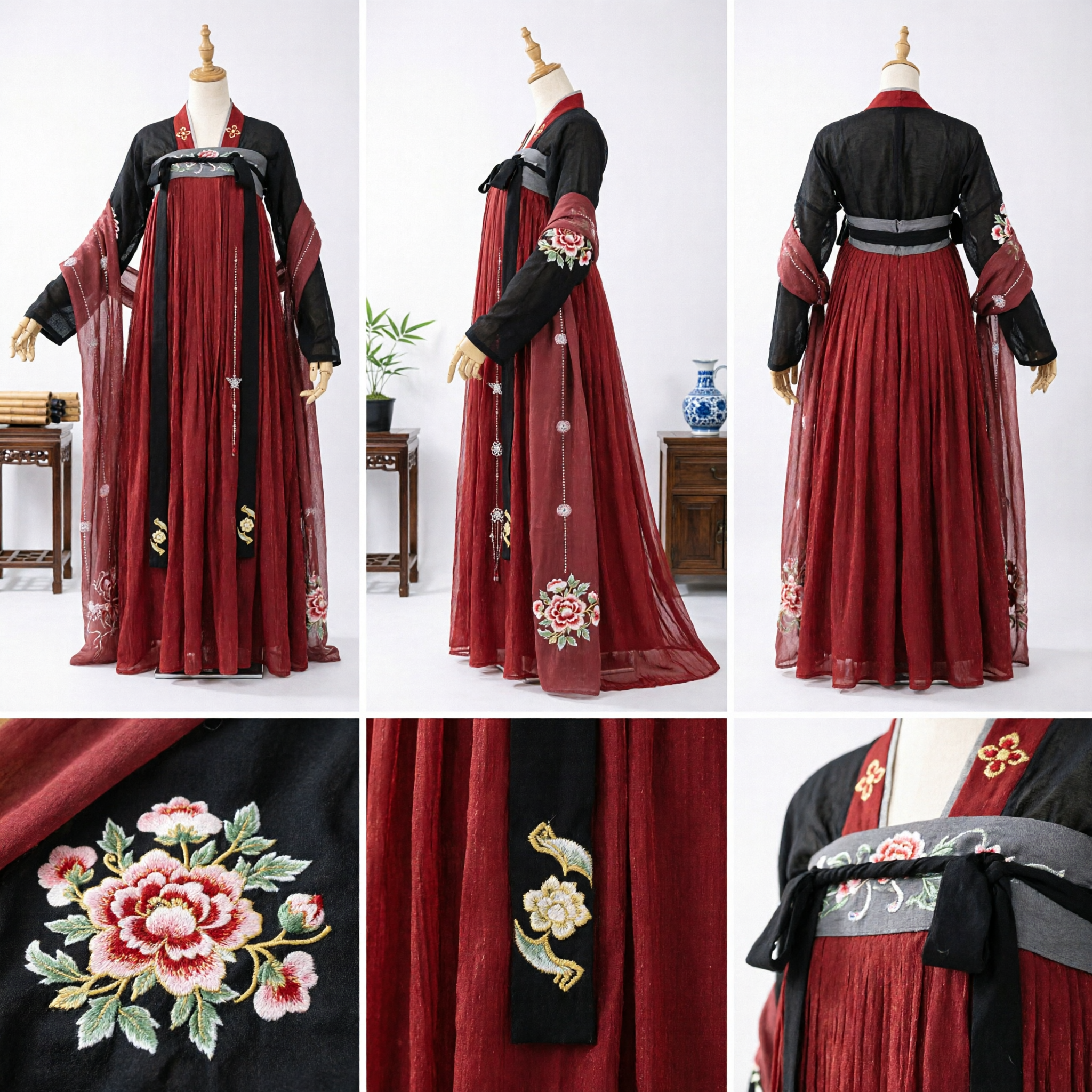 Hanfu Tradizionale Cinese, Costume Antico in Stile Dinastia Tang, Lungo Abito Ricamato in Rosso e Nero per Donne - Asian Costume