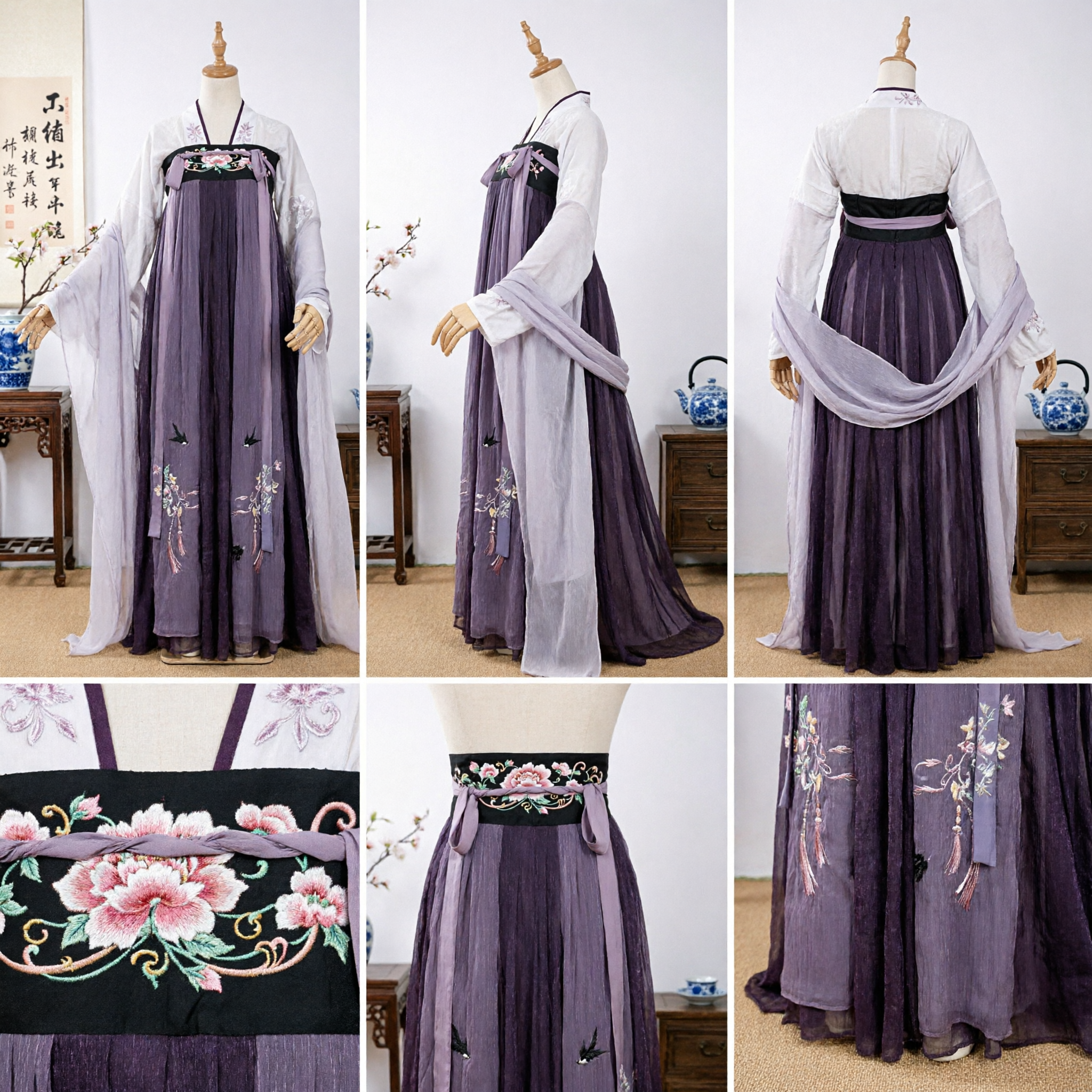Chinesisches traditionelles Hanfu, Lila Verlauf Besticktes Ruqun-Kleid, Tang-Dynastie-Stil Antikes Kostüm für Frauen - Asian Costume