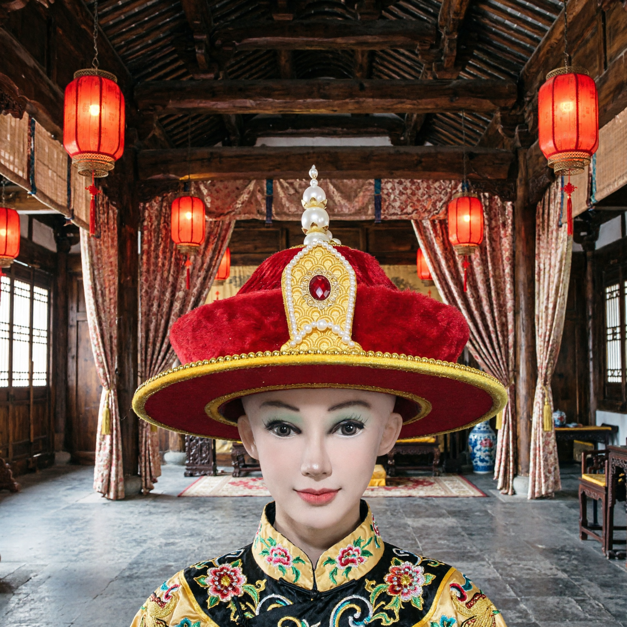 Chapeau d'officier ancien traditionnel chinois - Toque rouge en velours doré pour hommes pour costume d'Opéra de Pékin - Asian Costume