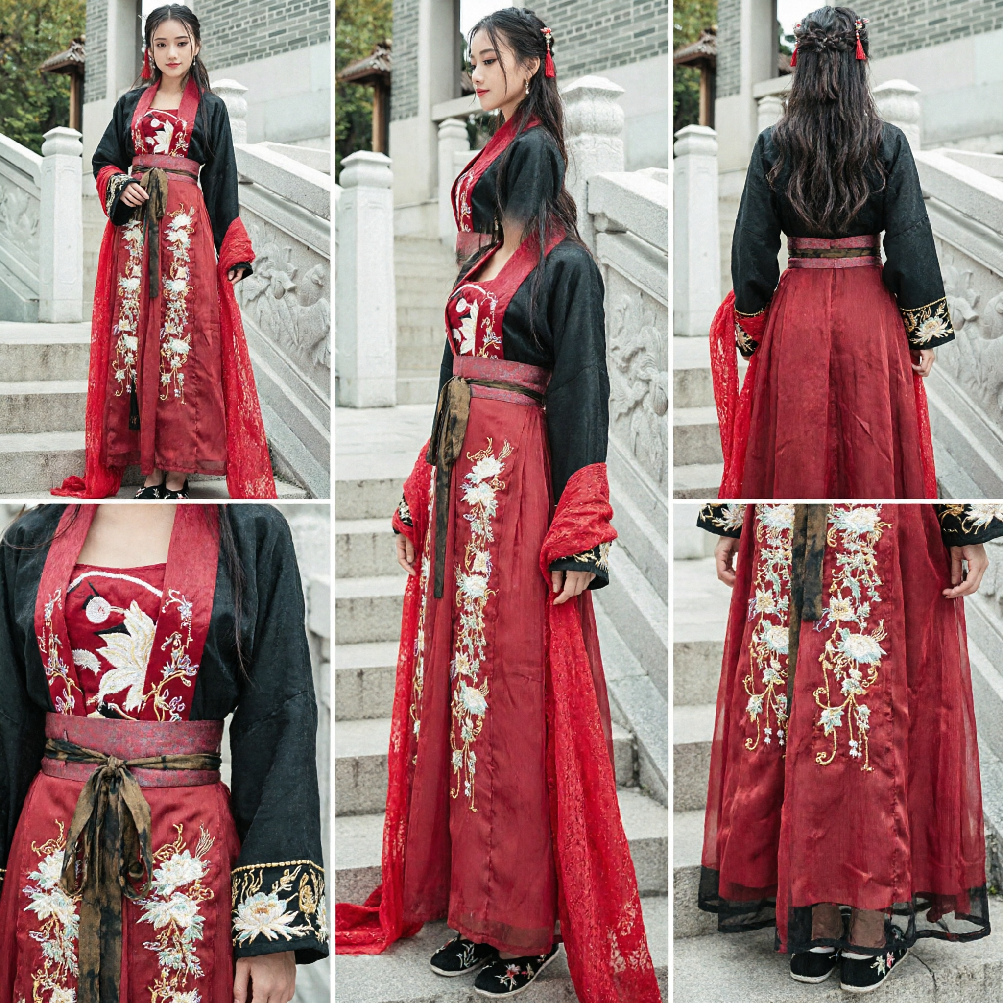 Vestido Hanfu Rojo Estilo Wuxia Chino Antiguo Falda Bordada Floral Traje Tradicional de la Dinastía Tang para Mujer - Asian Costume