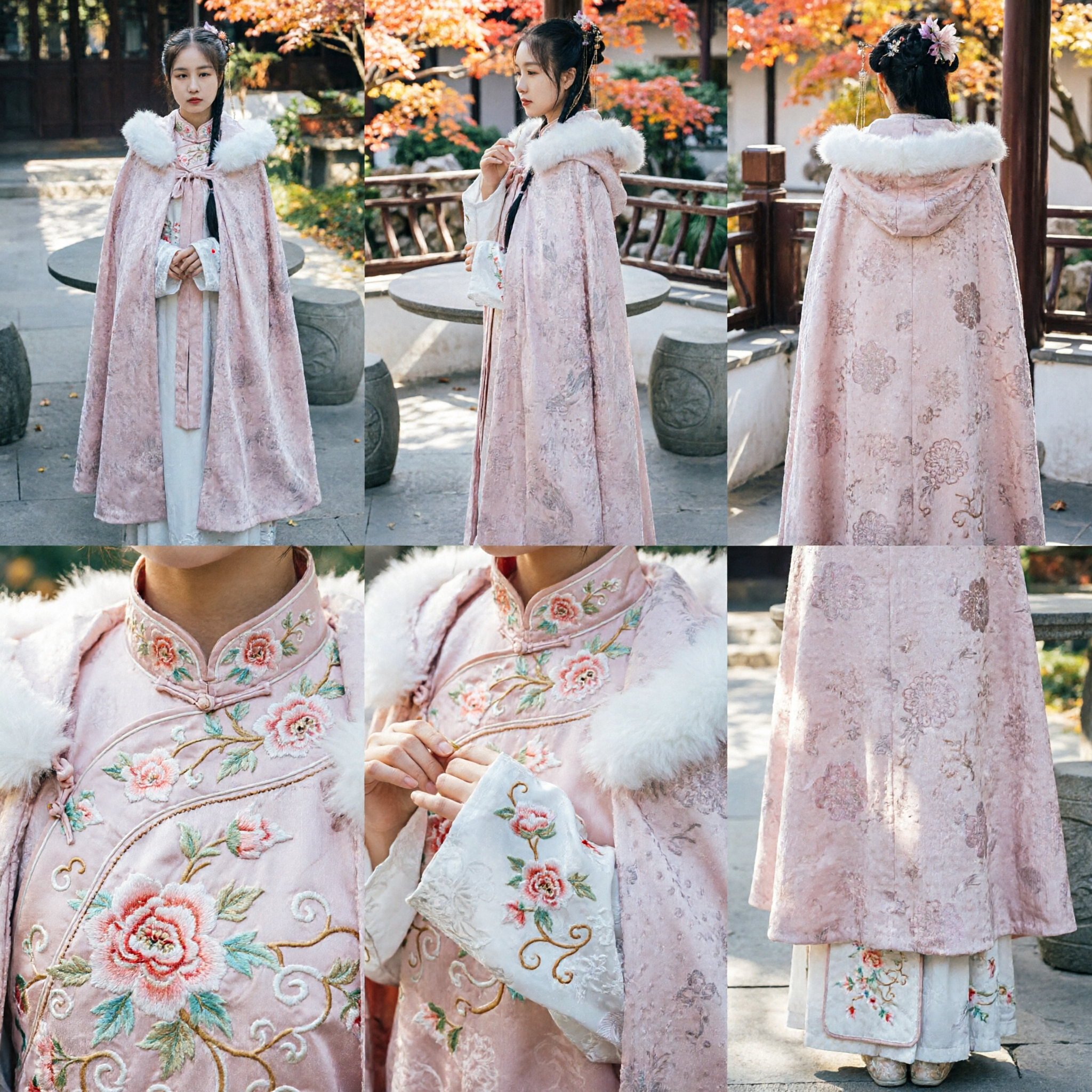 Elegant Pink Jacquard Hanfu Winter Cloak with White Fur Collar Traditional Chinese Ancient Costume for Women - Asian Costume