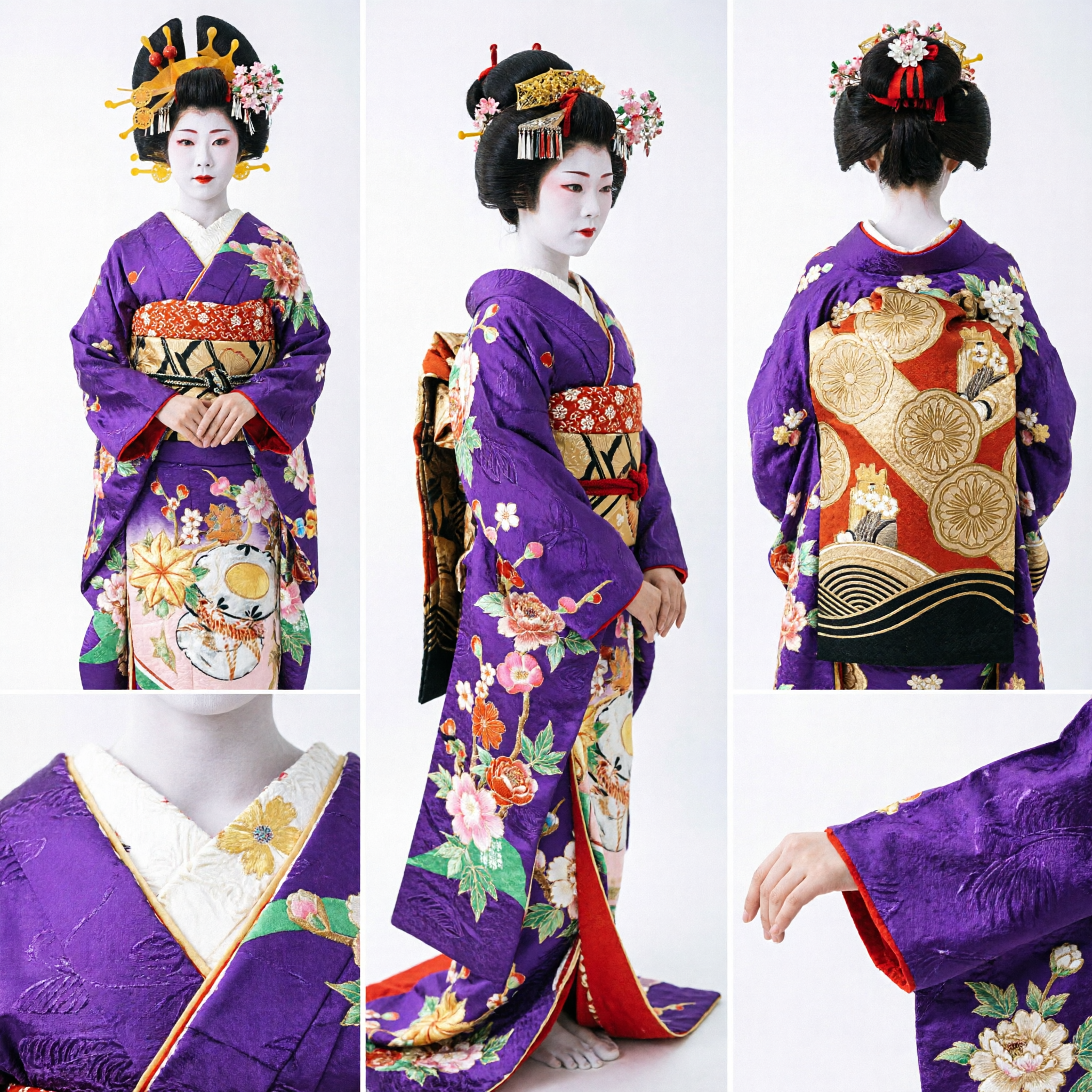 Conjunto de Kimono de Geisha Oiran Japonés Púrpura con Peluca Tradicional y Adornos para el Cabello para Mujer para Cosplay - Asian Costume