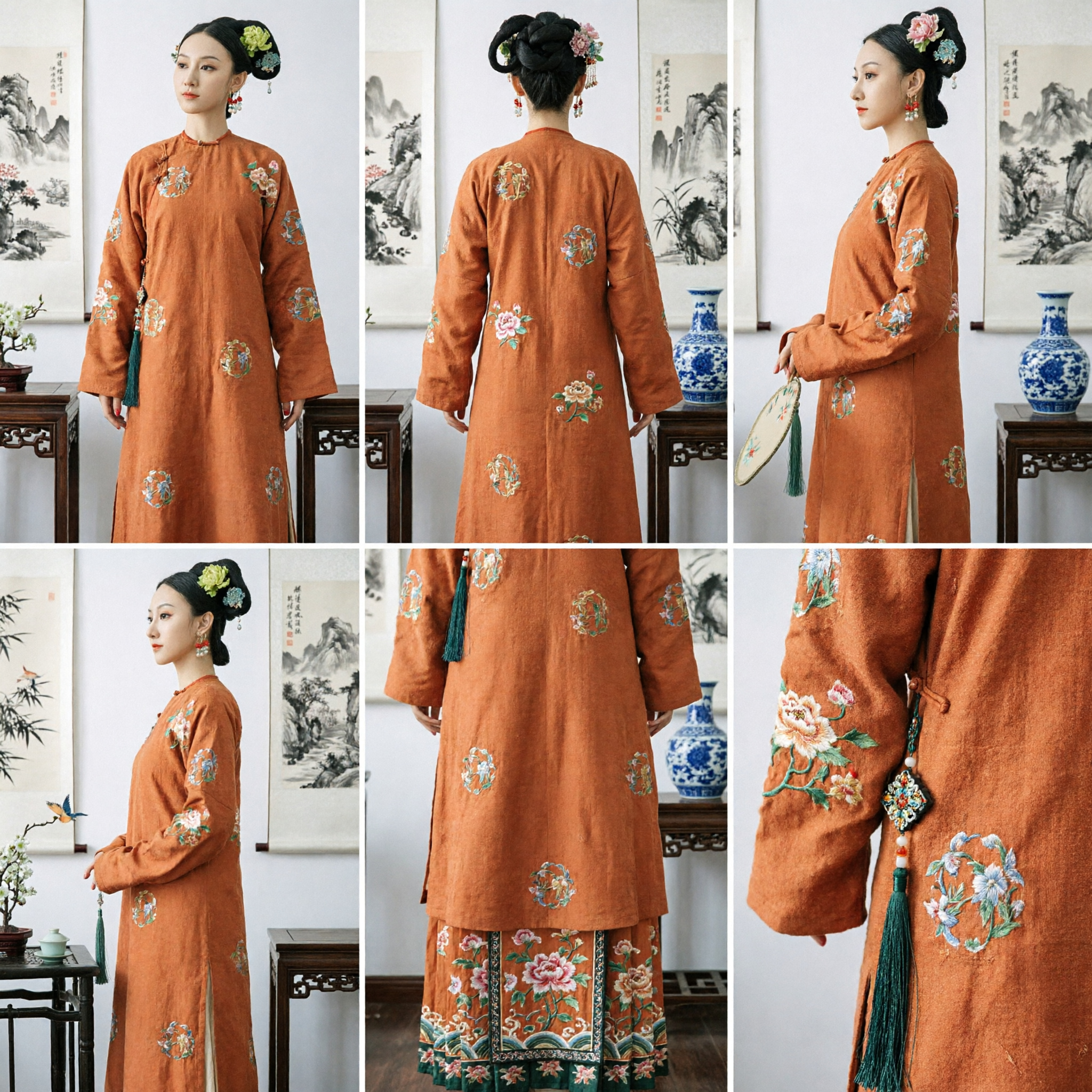 Traditioneel Chinese Qing Dynastie Kostuum Vrouwen Oranje Geborduurde Lange Gewaad Oud Paleisdame Hanfu Jurk - Asian Costume