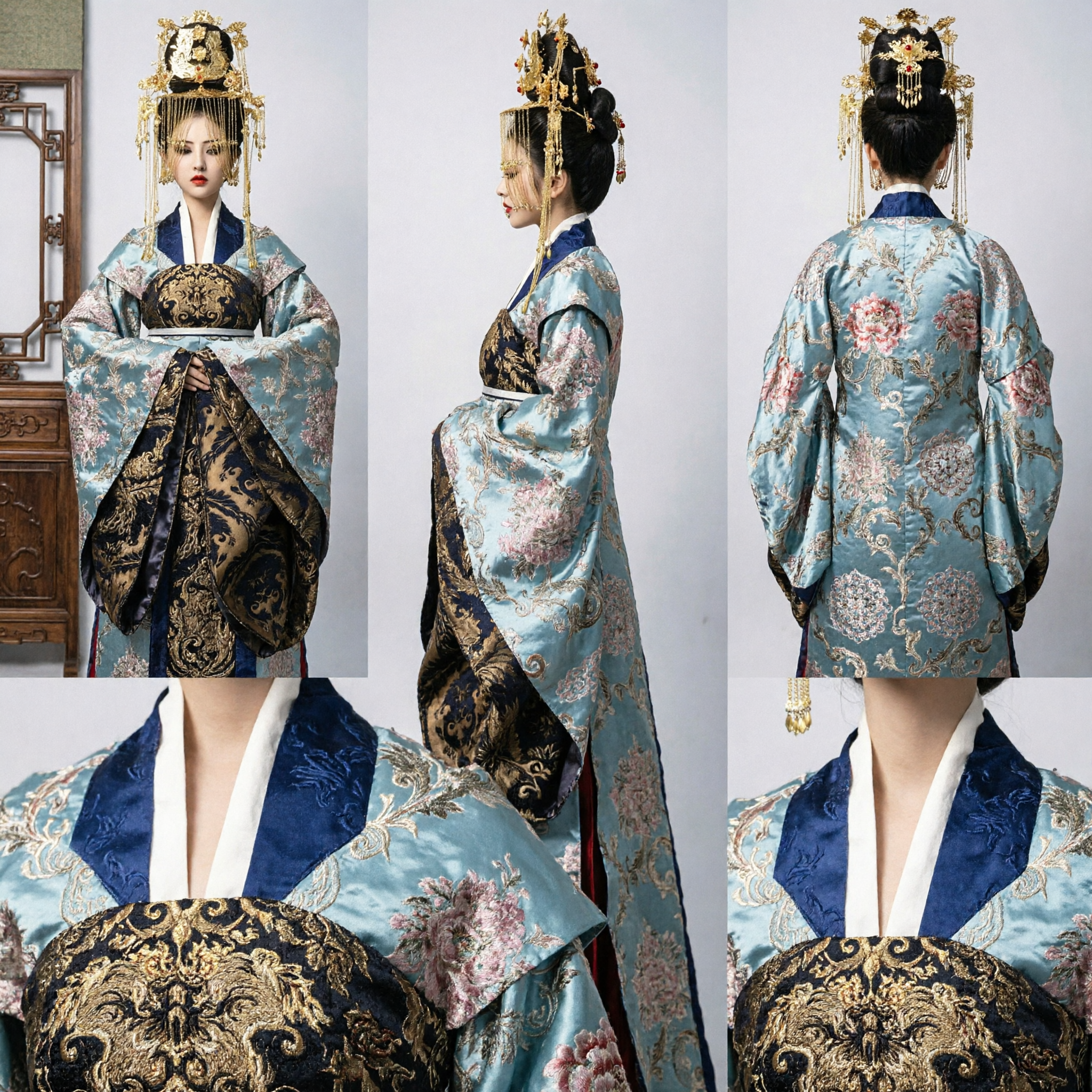 Traditionele Chinese Hanfu Oud Prinses Kostuum Blauw Geborduurde Jurk met Gouden Hoofdtooi voor Vrouwen Trouw Cosplay - Asian Costume