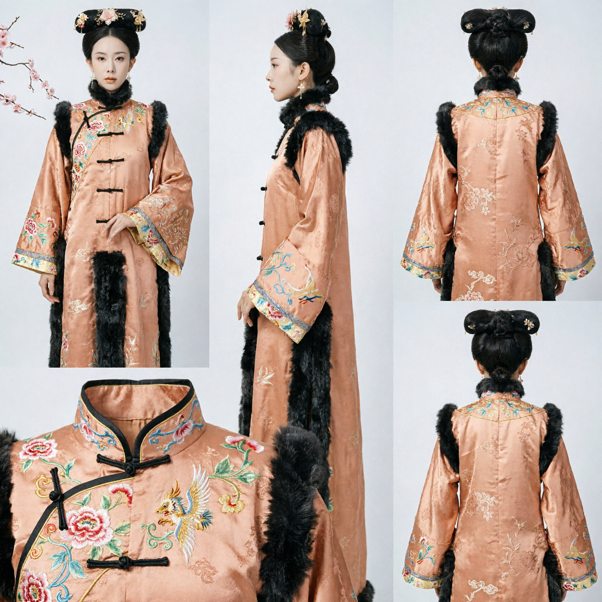 Antico Costume della Principessa Manciù della Dinastia Qing Cinese Lunga Veste Ricamata Pesca con Bordo in Pelliccia per Cosplay - Asian Costume