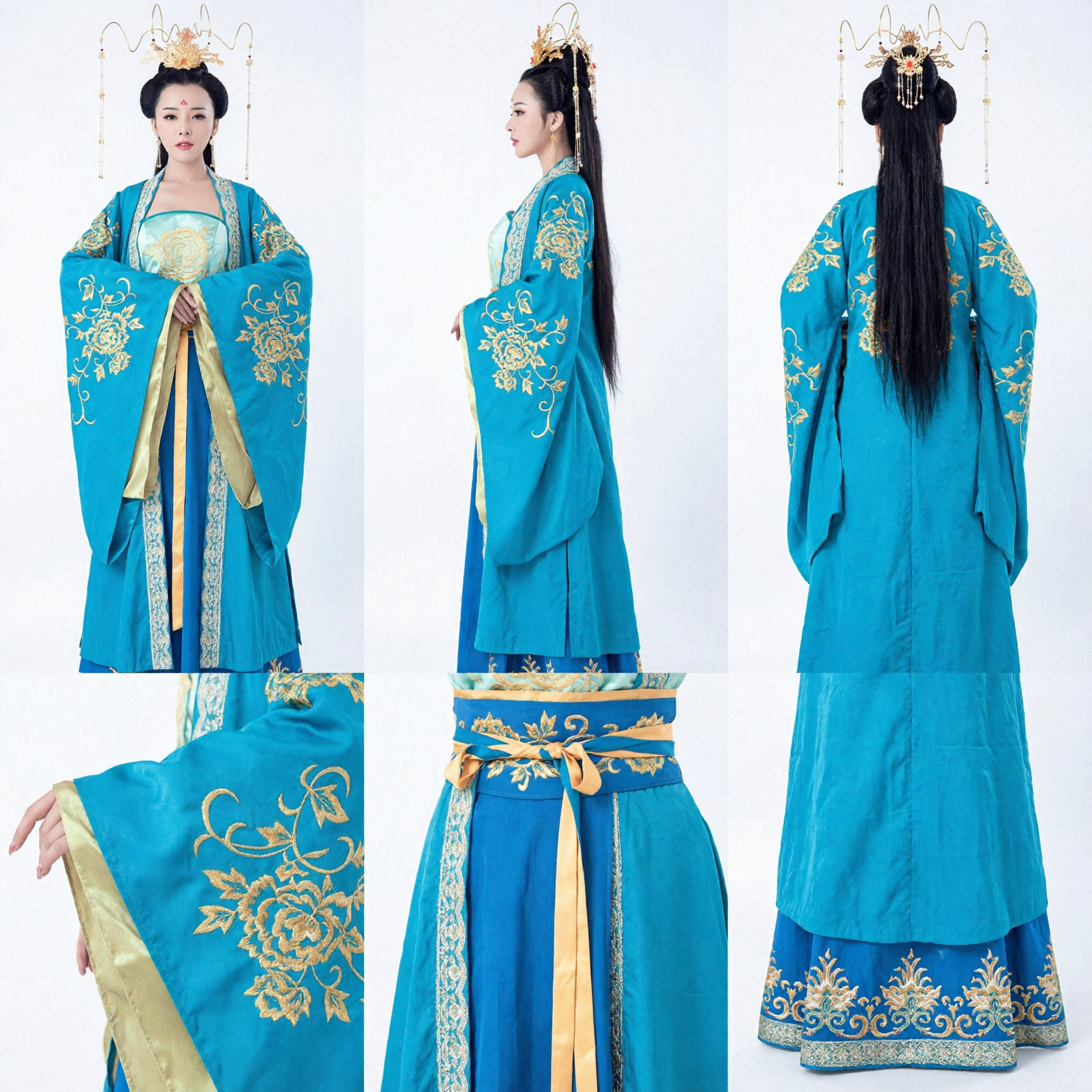 Ancient Chinese Tang Dynasty Blue Hanfu Costume Traditional Embroidered Imperial Princess Dress for Women Cosplay Performance - Asian Costume