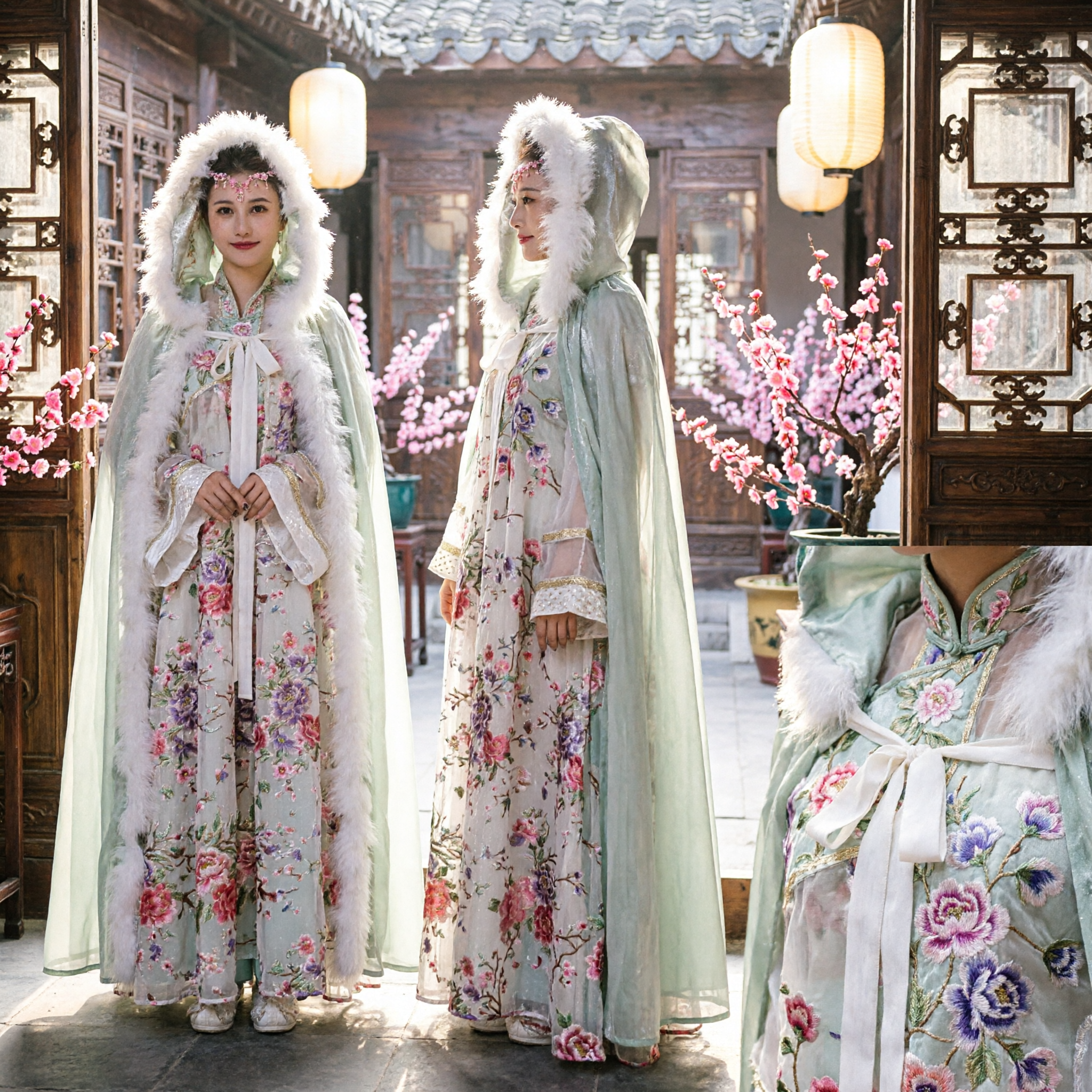 Cape Hanfu traditionnelle chinoise avec capuche en fourrure et broderie florale - Manteau d'hiver pour femmes - Cosplay - Asian Costume