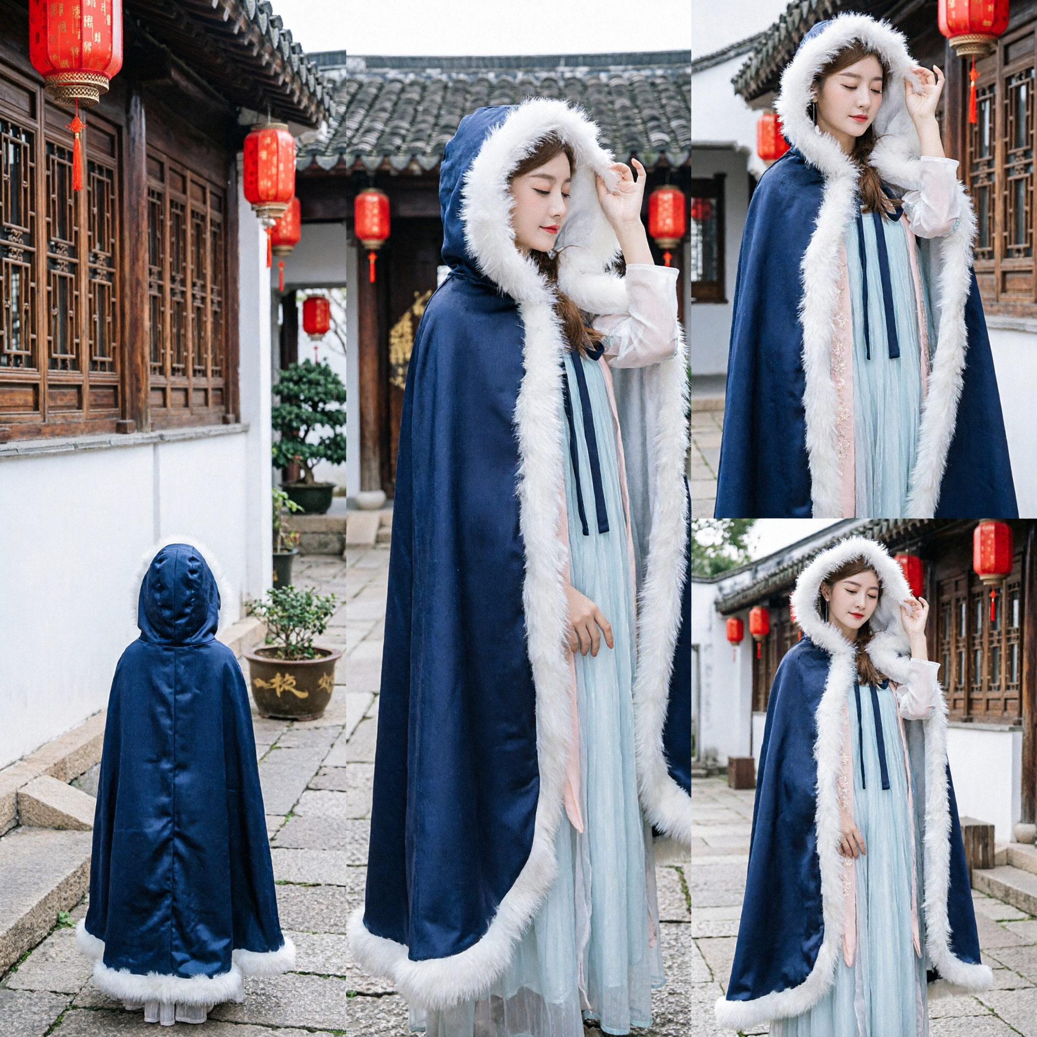 Traditioneller chinesischer Hanfu-Winterumhang für Frauen Dunkelblaues Cape mit weißem Pelzbesatz Antikes Kostüm - Asian Costume