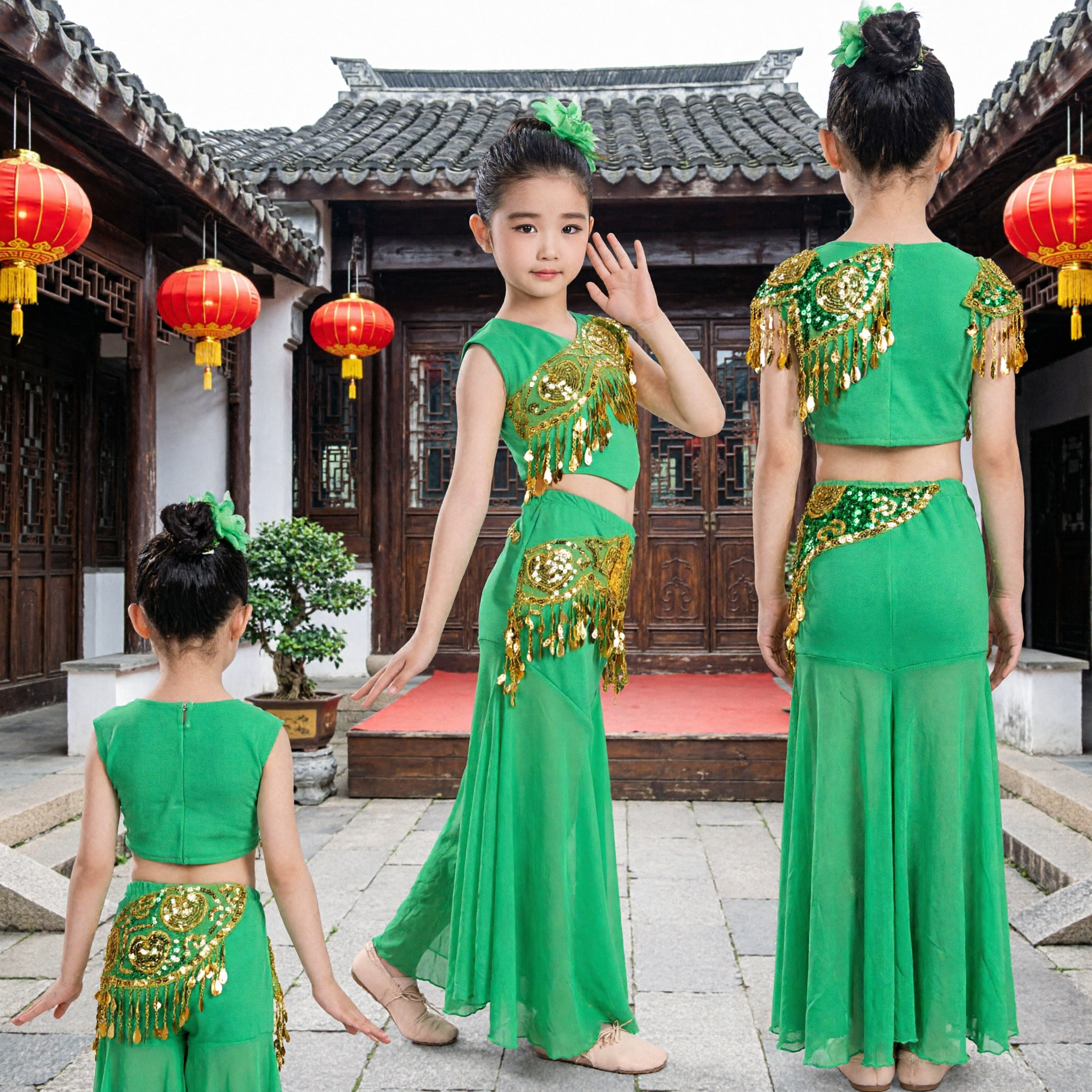 Costume de danse Dai chinois vert pour filles enfants, robe folklorique de paon pour spectacle scénique avec paillettes dorées - Asian Costume