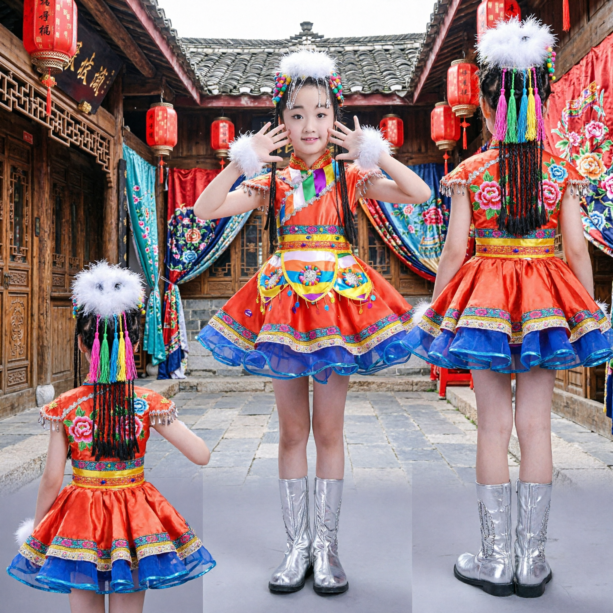 Traje de Dança Folclórico Étnico Tradicional para Crianças, Vestido de Performance no Palco para Meninas com Adereço de Cabeça para Espetáculos Culturais - Asian Costume