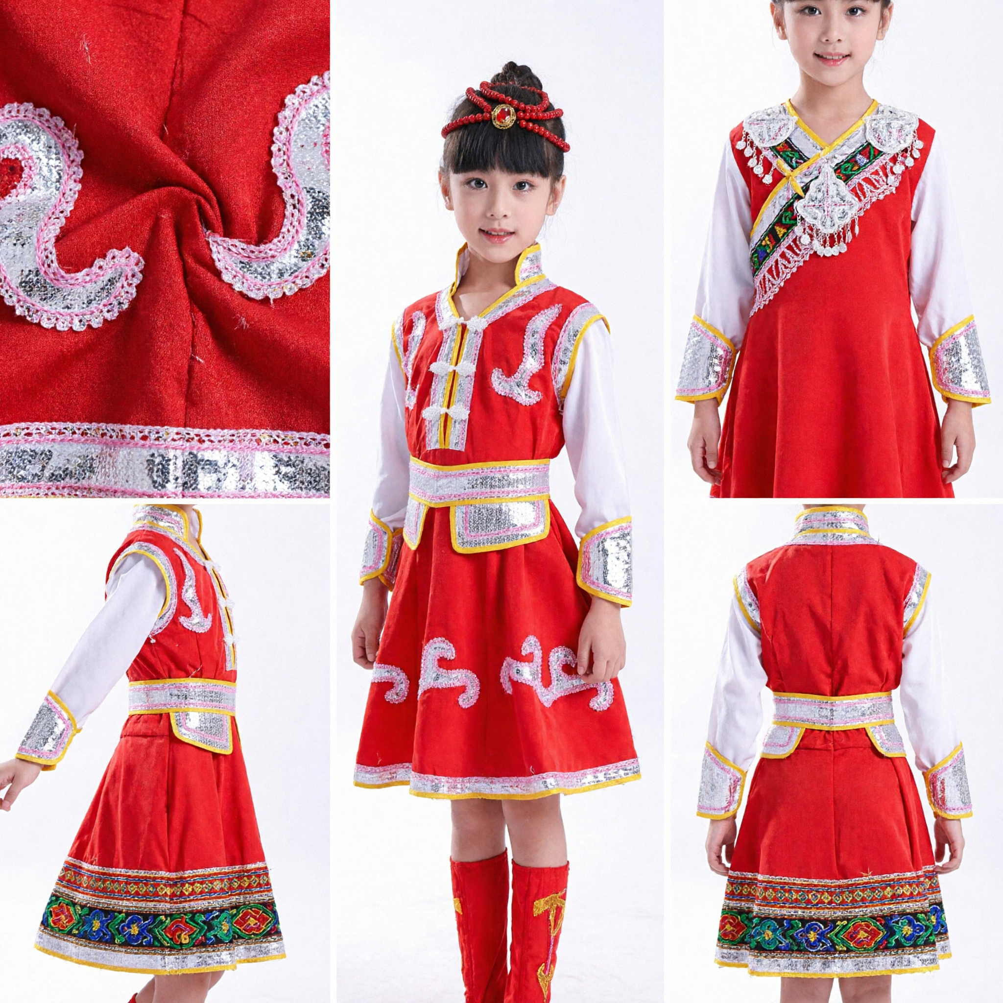 Kinder, traditionelles chinesisches mongolisches Tanz-Kostüm, rotes ethnisches Minderheiten-Bühnenauftrittskleid für Mädchen - Asian Costume