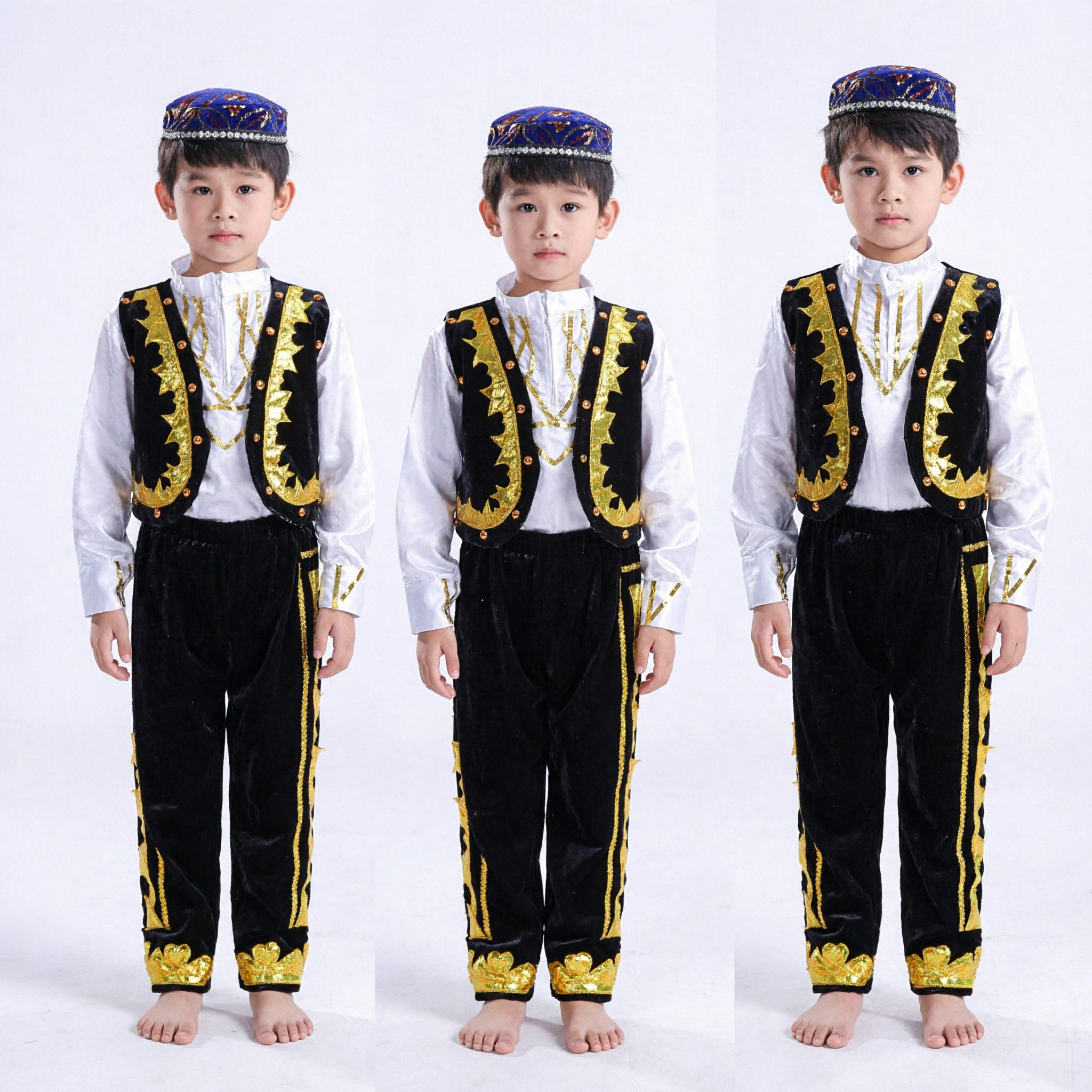 Jungen, traditionelles uigurisches Nationalkostüm-Set, schwarzer Samt bestickte Weste und Hose mit Mütze für Volkstanzauftritte - Asian Costume