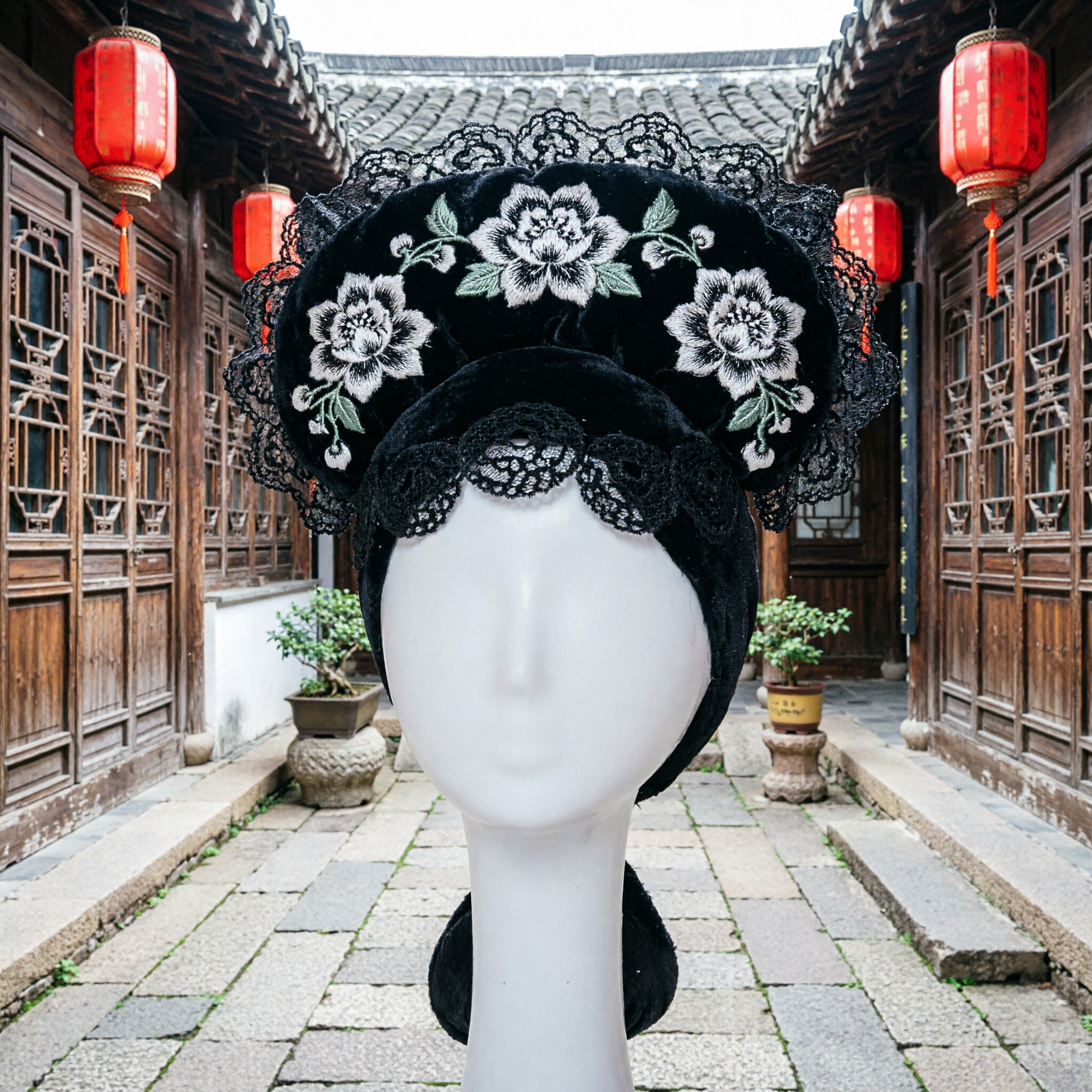 Peruca Preta Tradicional Chinesa, Adorno de Cabeça da Nobre Manchu da Dinastia Qing para Cosplay de Traje Antigo - Asian Costume