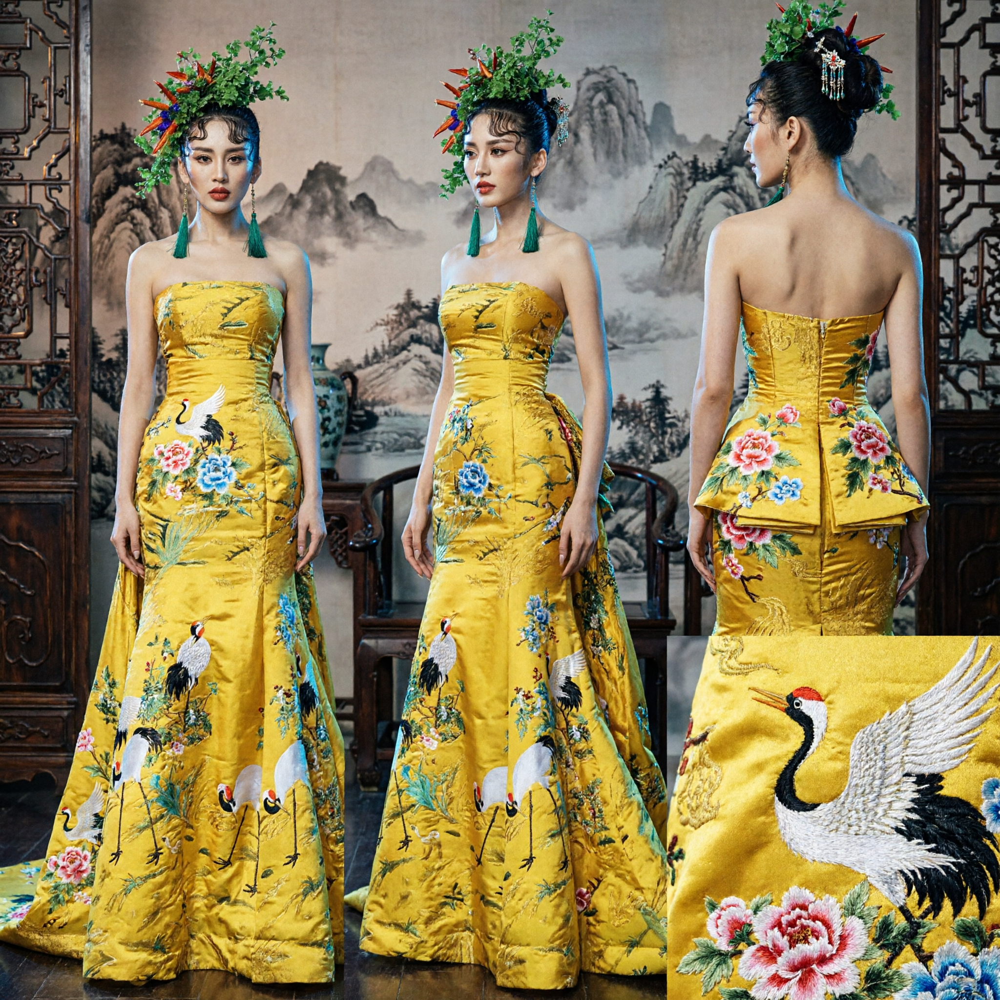 Robe de Soirée Jaune Sans Bretelles pour Femmes avec Impression de Grue Traditionnelle Chinoise pour Spectacle et Gala - Asian Costume