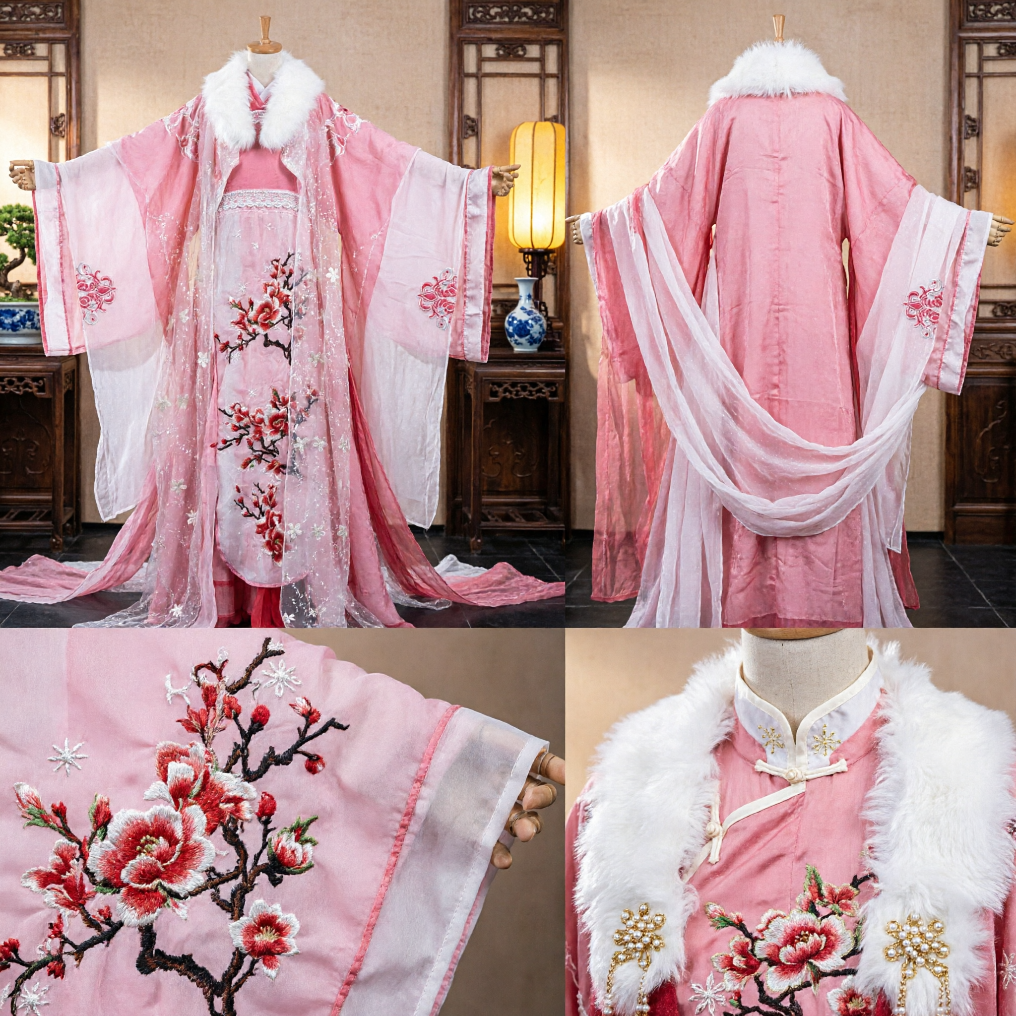 Costume traditionnel chinois Hanfu élégant rose avec col en fourrure blanche et broderie de fleurs de prunier pour femmes - Asian Costume