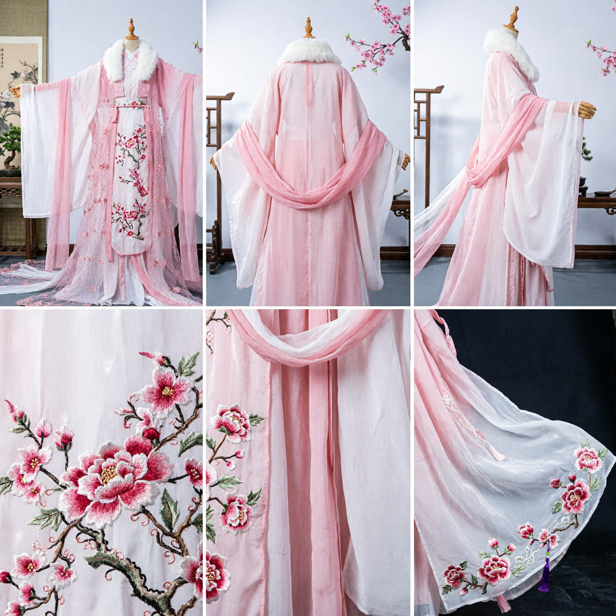 Elegante Vestido de Princesa de la Antigua China Hanfu con Bordado Floral Rosa y Cuello de Piel Blanca para Mujeres - Asian Costume