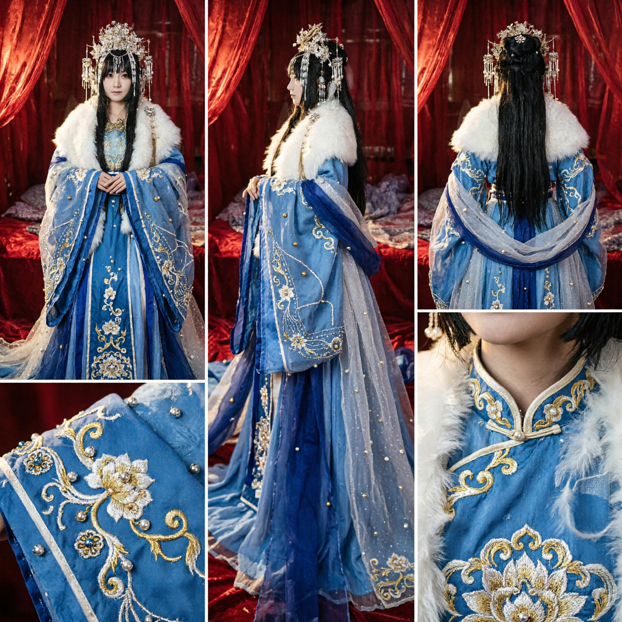 Antikes chinesisches Prinzessinnen-Hanfu-Kostüm, blau-weißes Kleid mit Pelzkragen für Frauen-Cosplay und Auftritte - Asian Costume