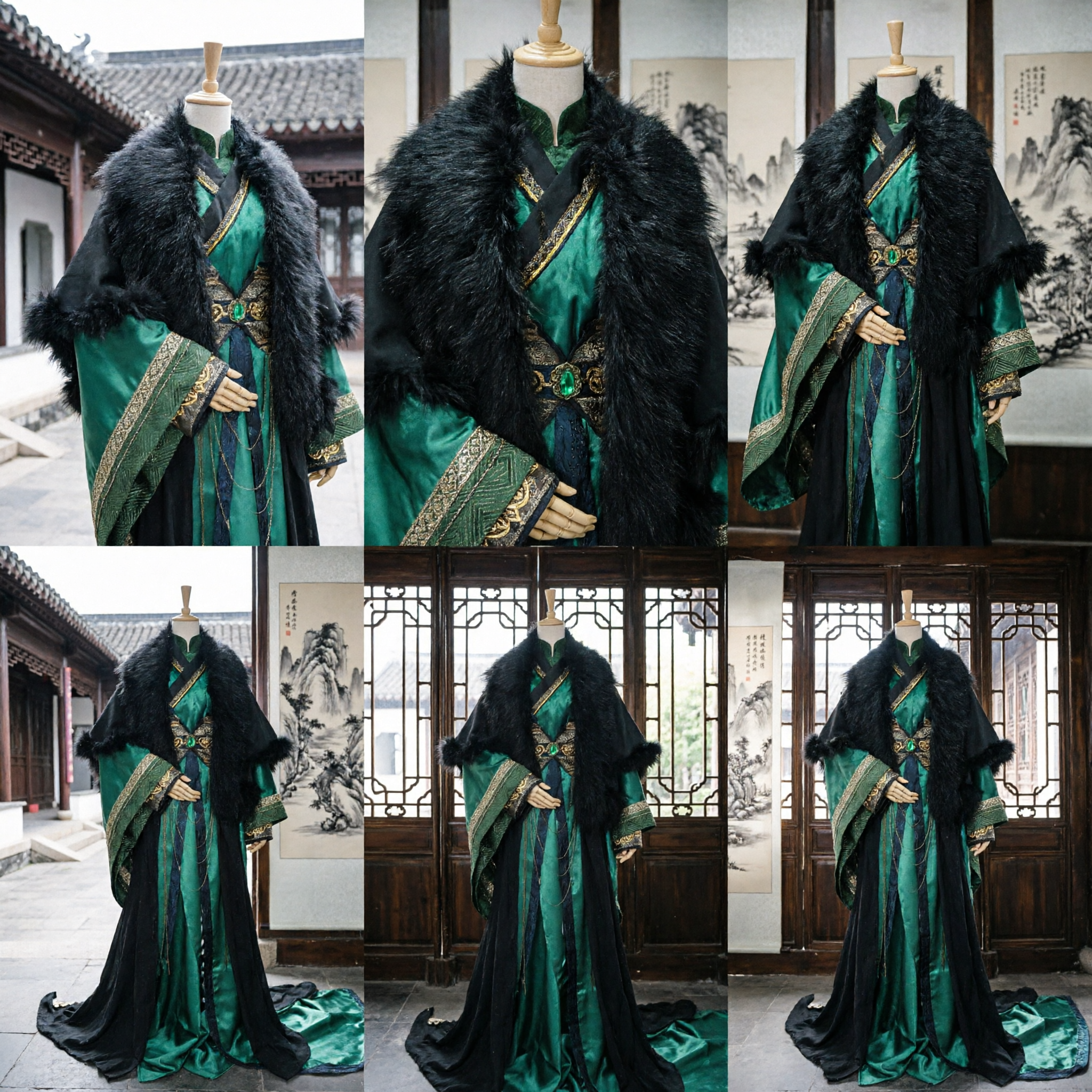 Traditioneel Chinees Antiek Prins Kostuum Groene Zijden Gewaad met Zwarte Bontmantel Hanfu voor Mannen Cosplay - Asian Costume