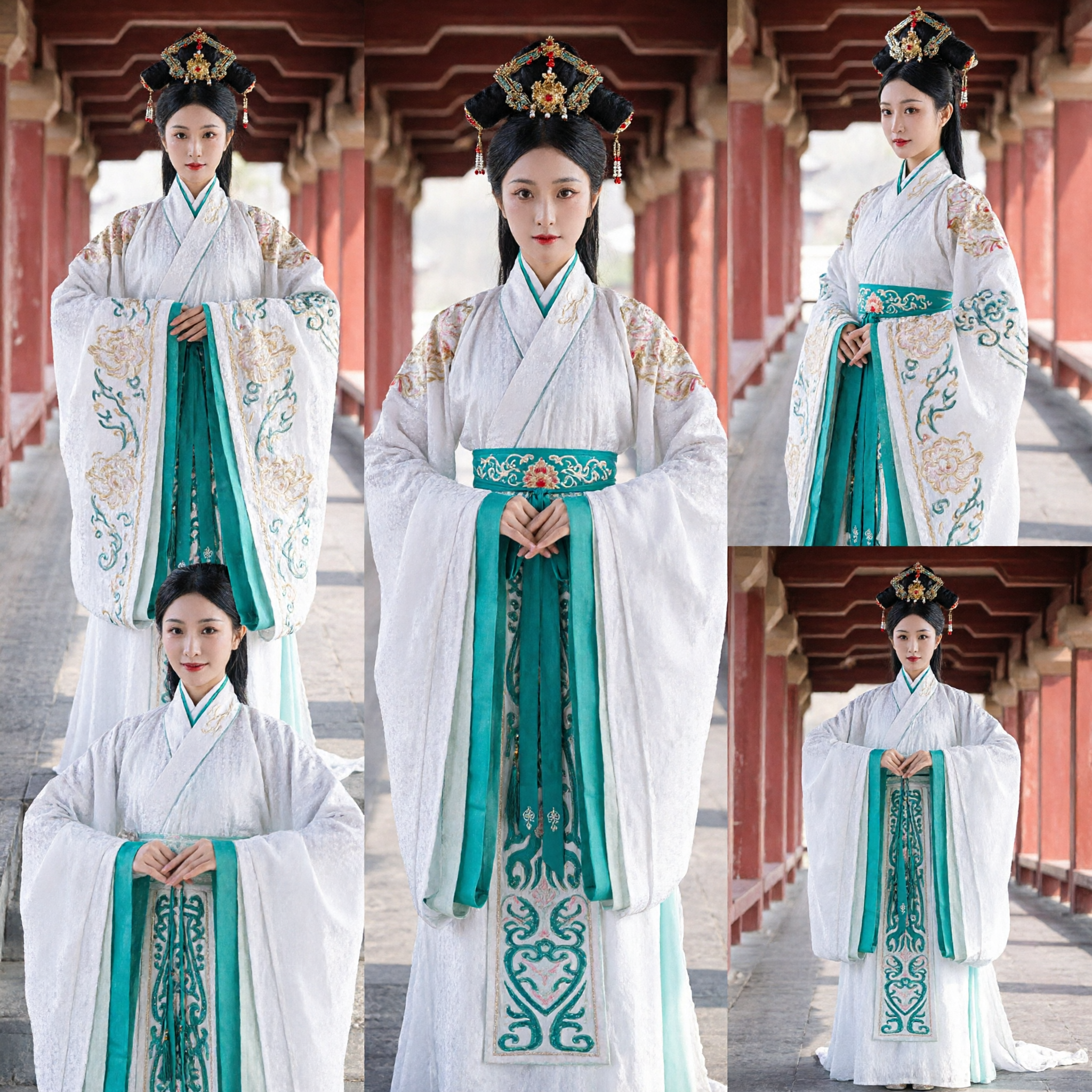 전통 중국 한푸 복장, 고대 귀부인 흰색 로브 녹색 자수, 여성 코스프레 공연복 - Asian Costume