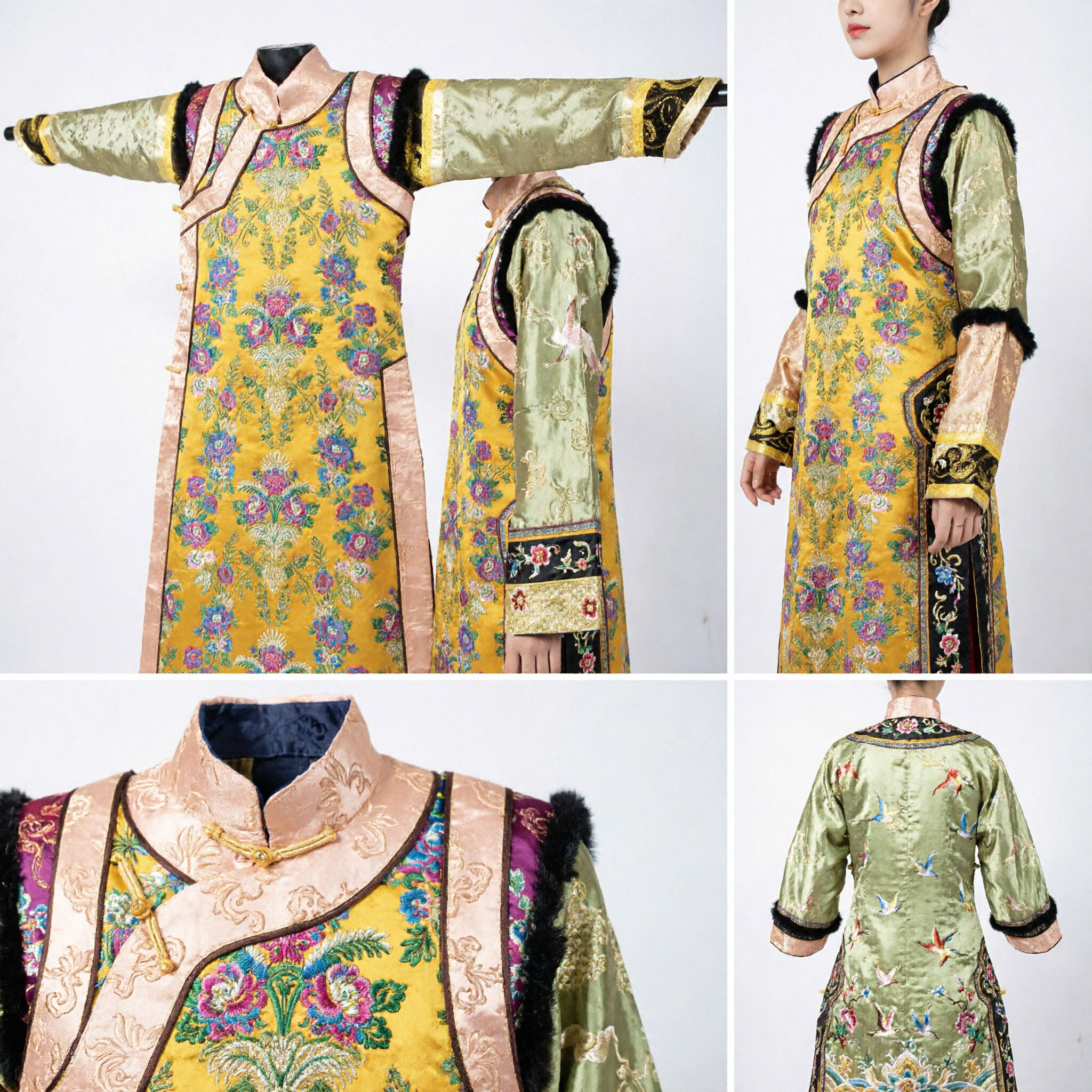 Robe en brocart floral jaune traditionnelle chinoise, costume brodé de la dynastie Qing pour spectacle historique pour femmes - Asian Costume
