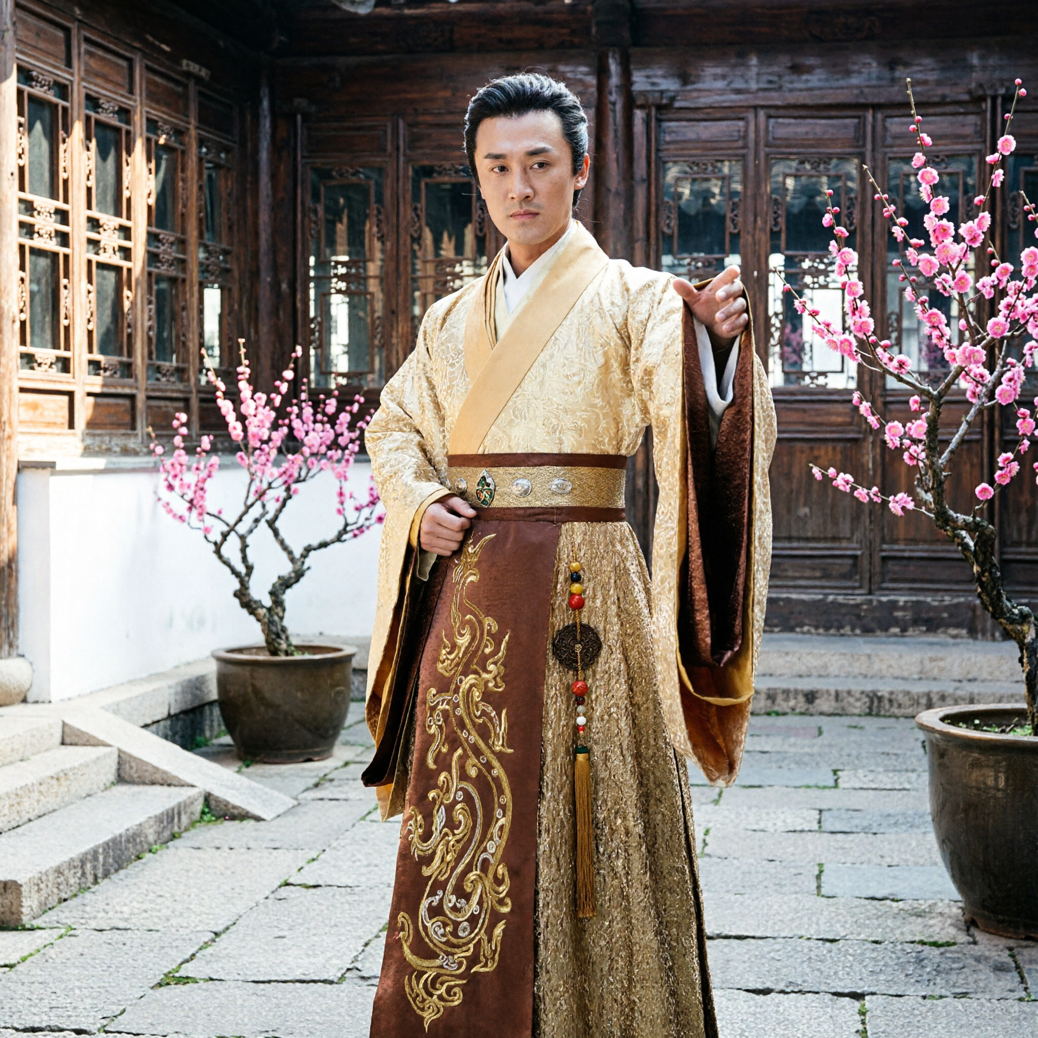 Männer-Antikes chinesisches Hanfu-Kostüm, Traditionelles Han-Dynastie-Gelehrten-Gewand mit Goldstickerei für Cosplay - Asian Costume