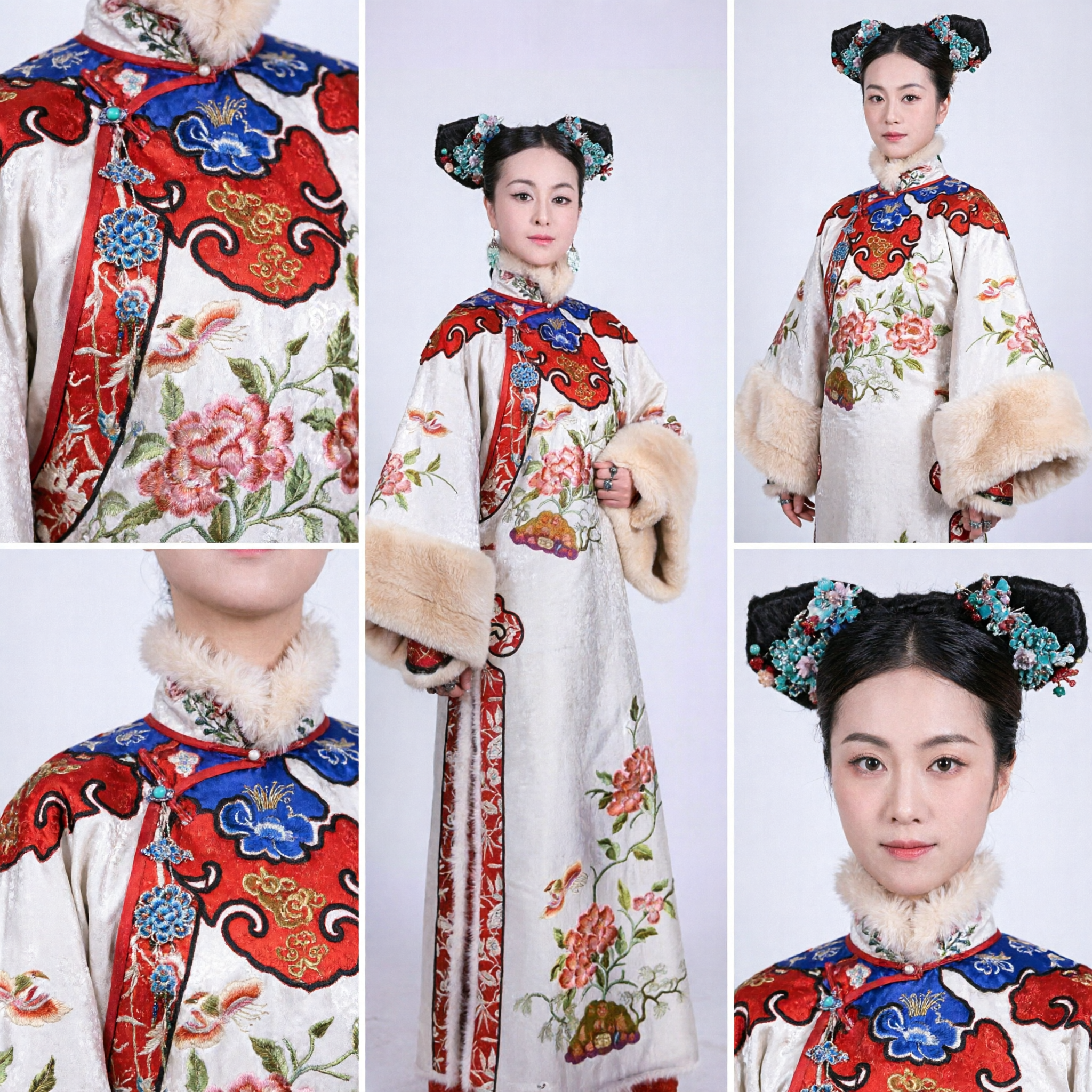 중국 전통 청나라 황후 의상 흰색 꽃 자수 포복 퍼 소매 여성 코스프레용 - Asian Costume