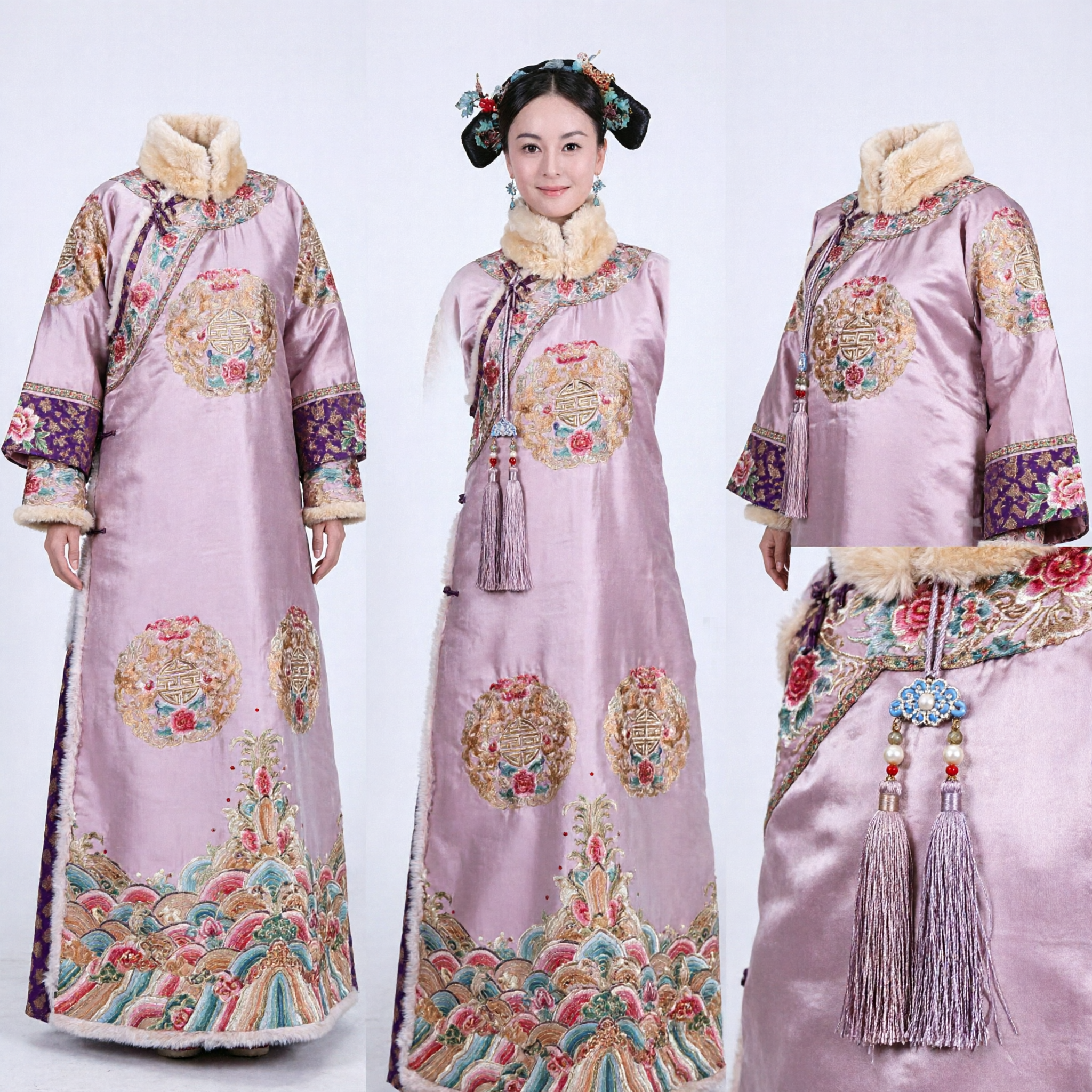 Traje Chino de Princesa Manchu de la Dinastía Qing, Túnica Lila Claro Bordada con Cuello de Piel para Mujeres - Asian Costume