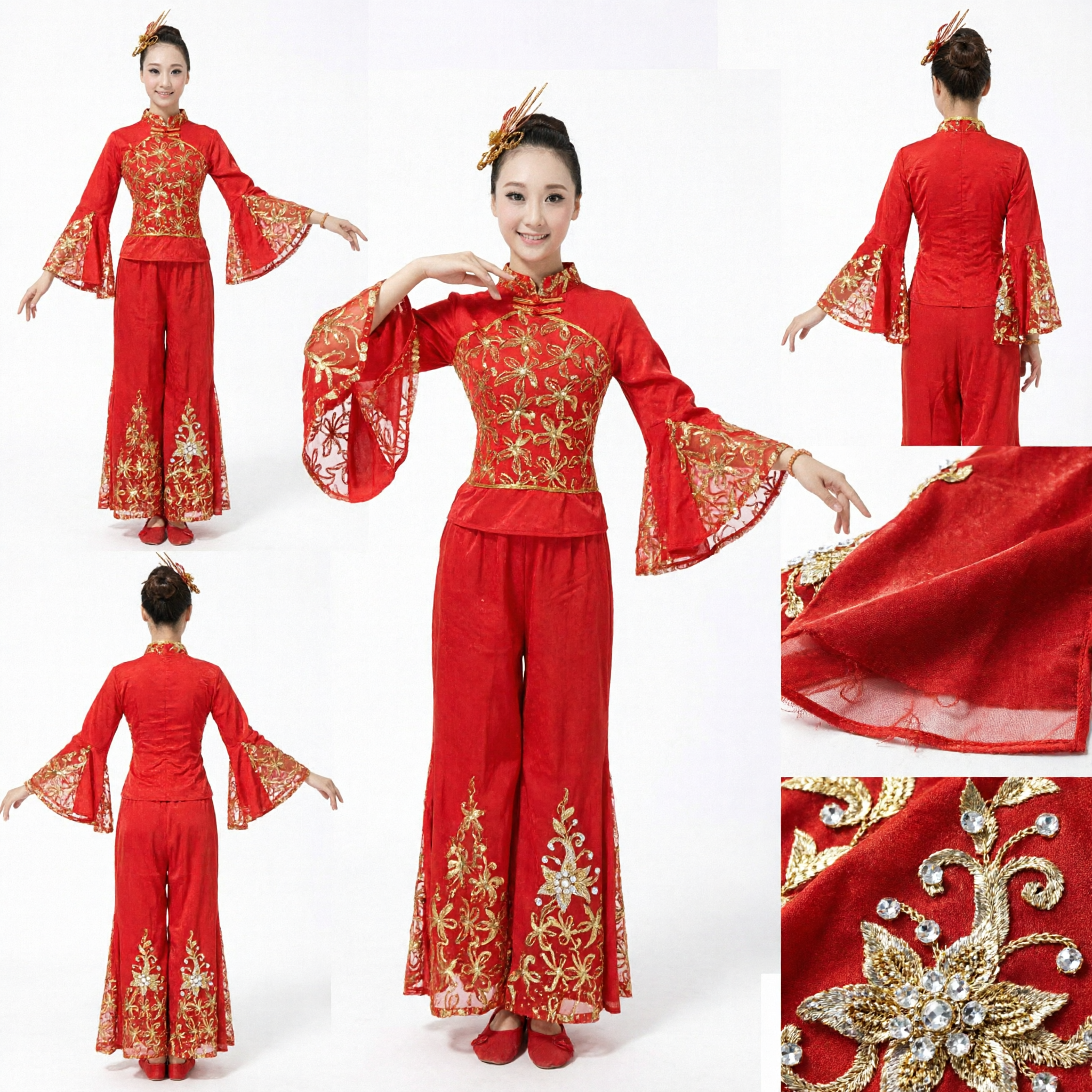 Traje Feminino Vermelho para Dança Folclórica Chinesa, Vestido Tradicional Yangge com Leque para Performance no Palco com Bordado Dourado - Asian Costume