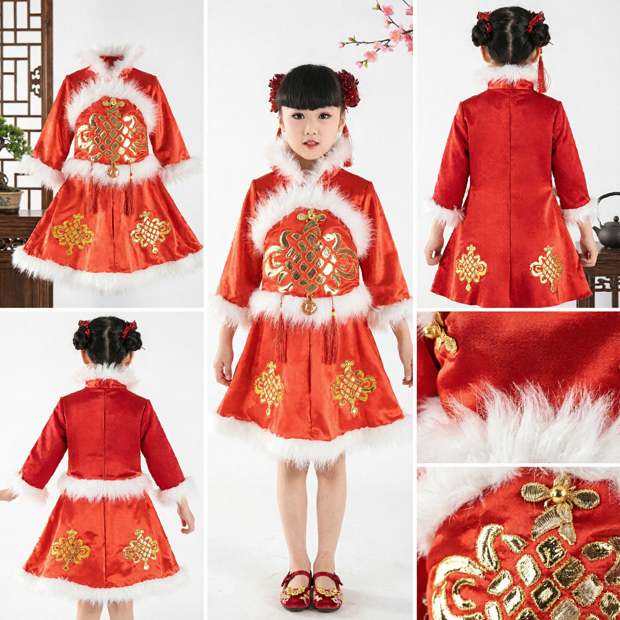 Rotes chinesisches Neujahrs-Tang-Anzug-Kleid für Mädchen, Winter-Pelzbesatz, Traditionelle chinesische Knotenstickerei, Frühlingsfest-Kostüm - Asian Costume