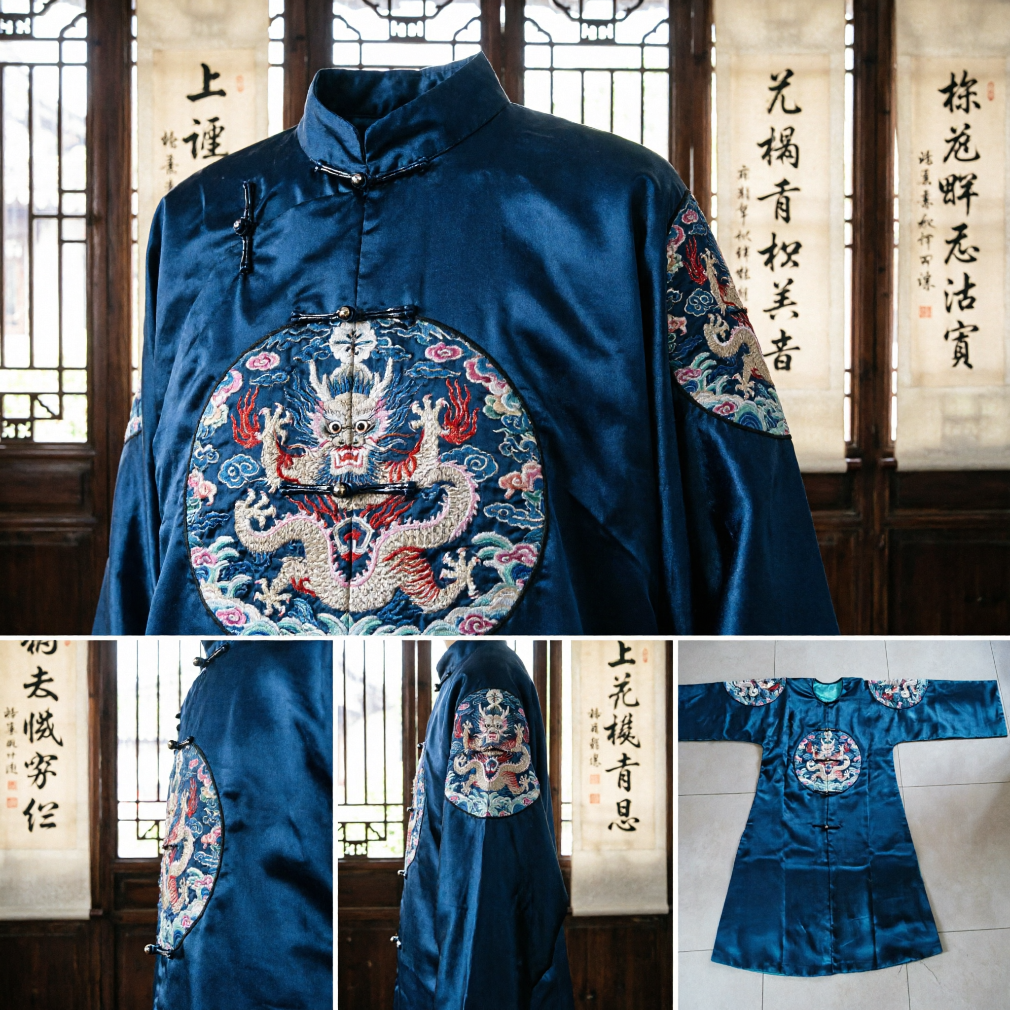 Vestido de Seda Azul Tradicional Chinês Traje Antigo de Oficial da Dinastia Qing com Bordado de Dragão Changshan para Homens - Asian Costume