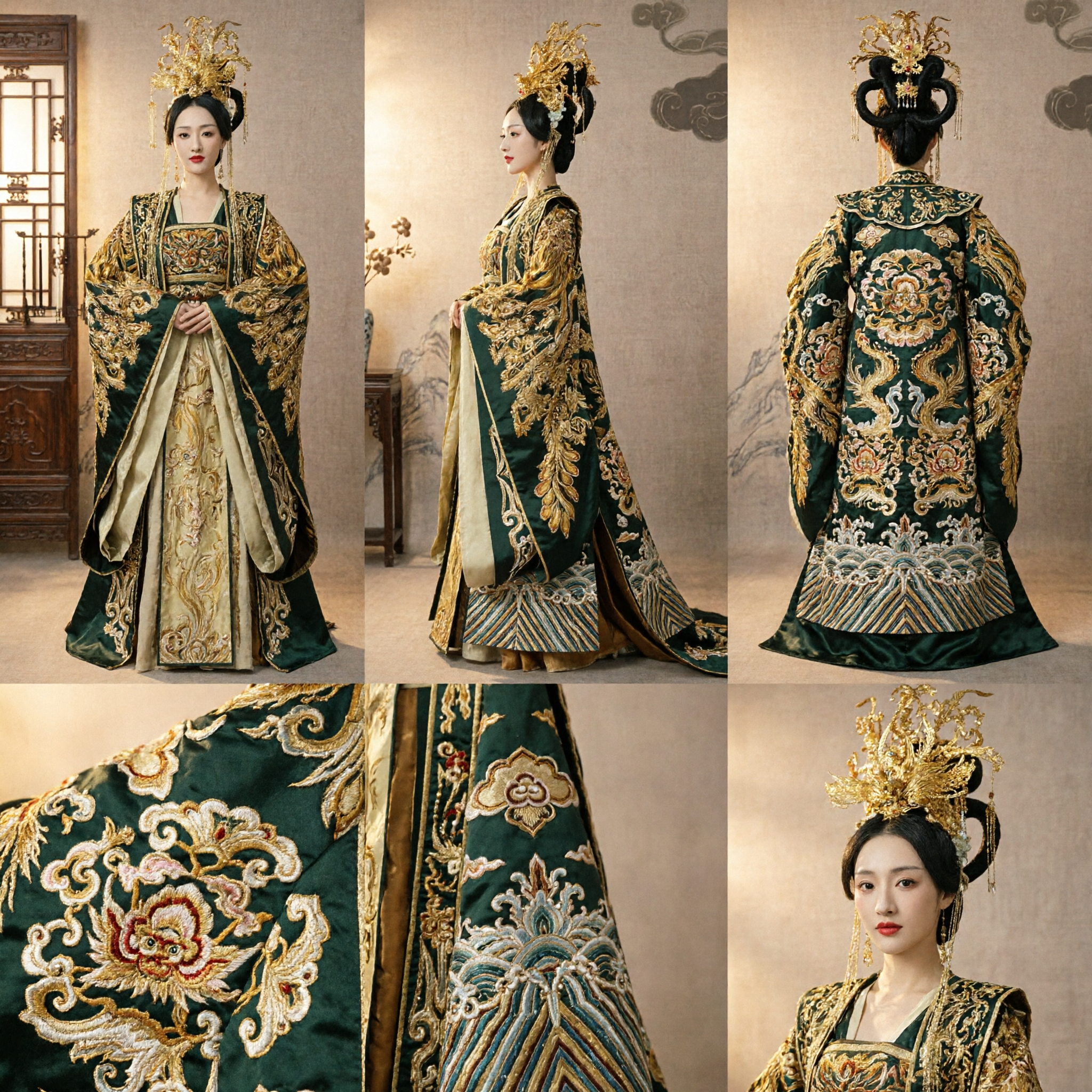 Traje de Imperatriz Antiga Tradicional Chinês Hanfu Bordado em Verde e Dourado Vestido de Dama do Palácio para Mulheres em Cosplay - Asian Costume