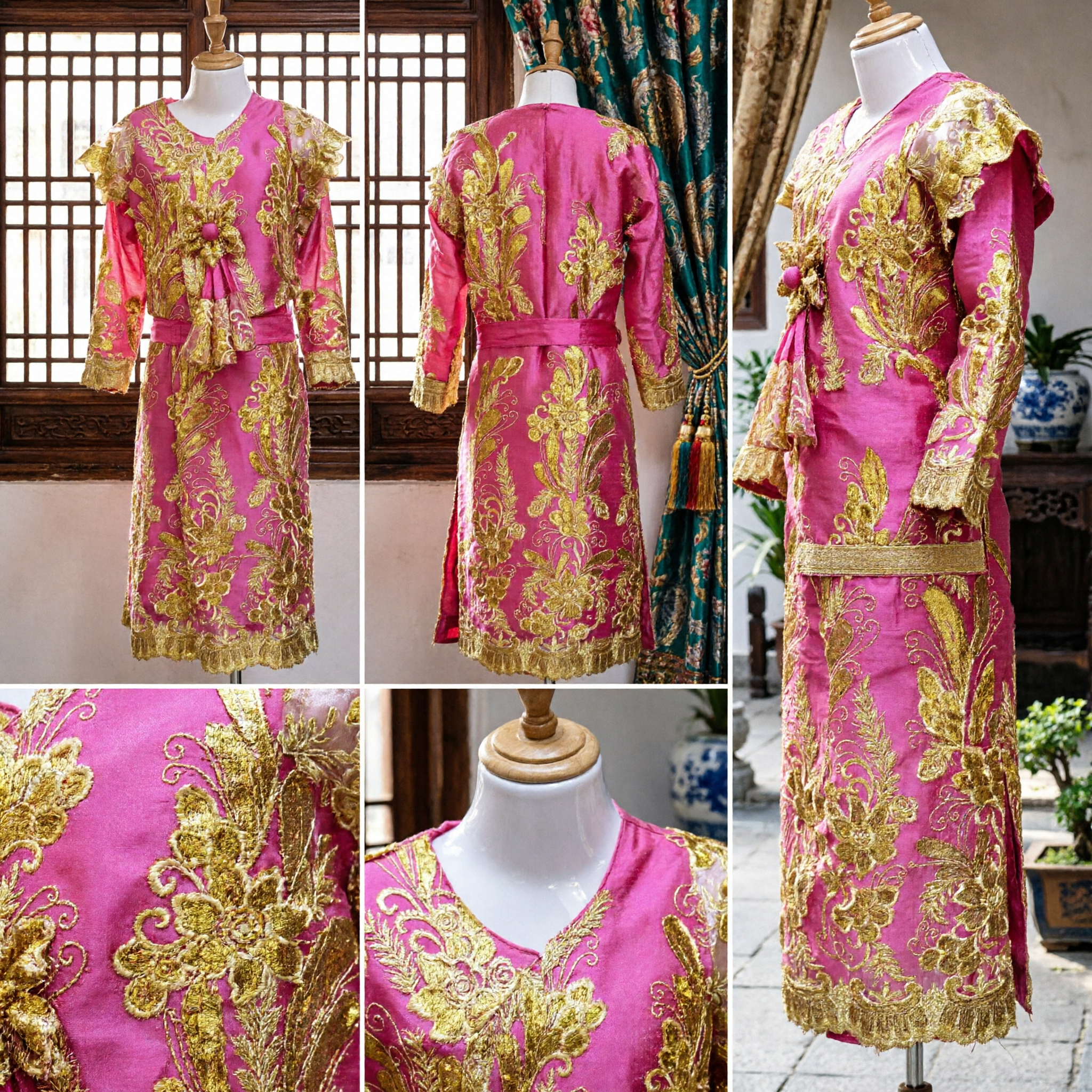 Lebhaftes rosa traditionelles chinesisches Volkstanzkostüm mit Goldstickerei für Damen-Bühnenauftritte - Asian Costume