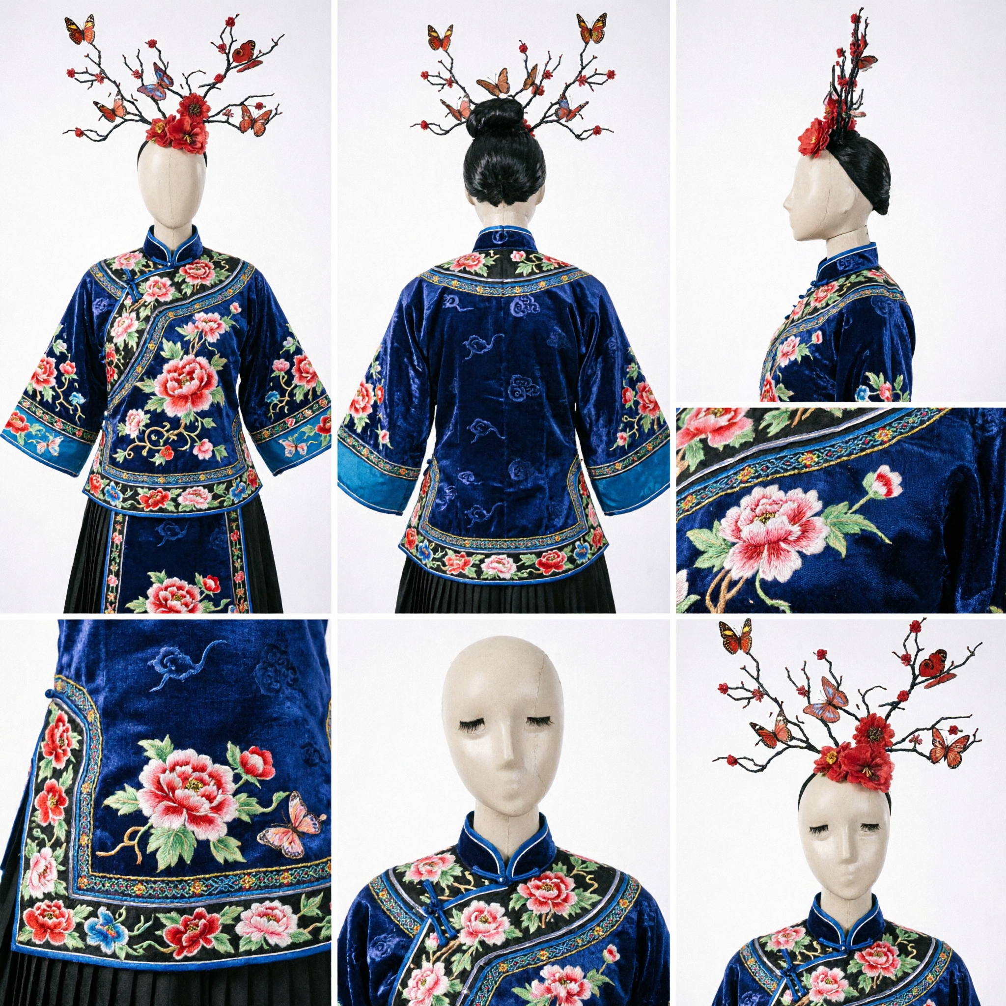 Traditionelle chinesische handgefertigte Schmetterlings- und Blumenstickerei-Haarkrone für Hanfu-Hochzeiten und Tanzaufführungen - Asian Costume
