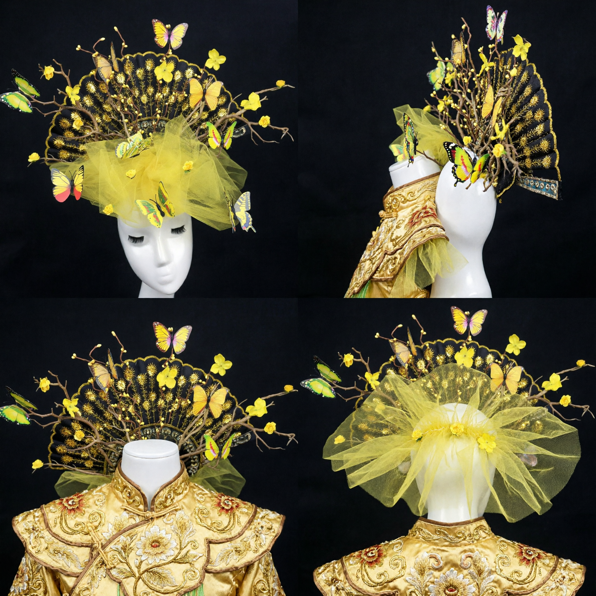 Traditionelle chinesische gelbe Schmetterlings- und Blumen-Haarkrone für Bühnenauftritte, Tanz und Hochzeiten - Asian Costume
