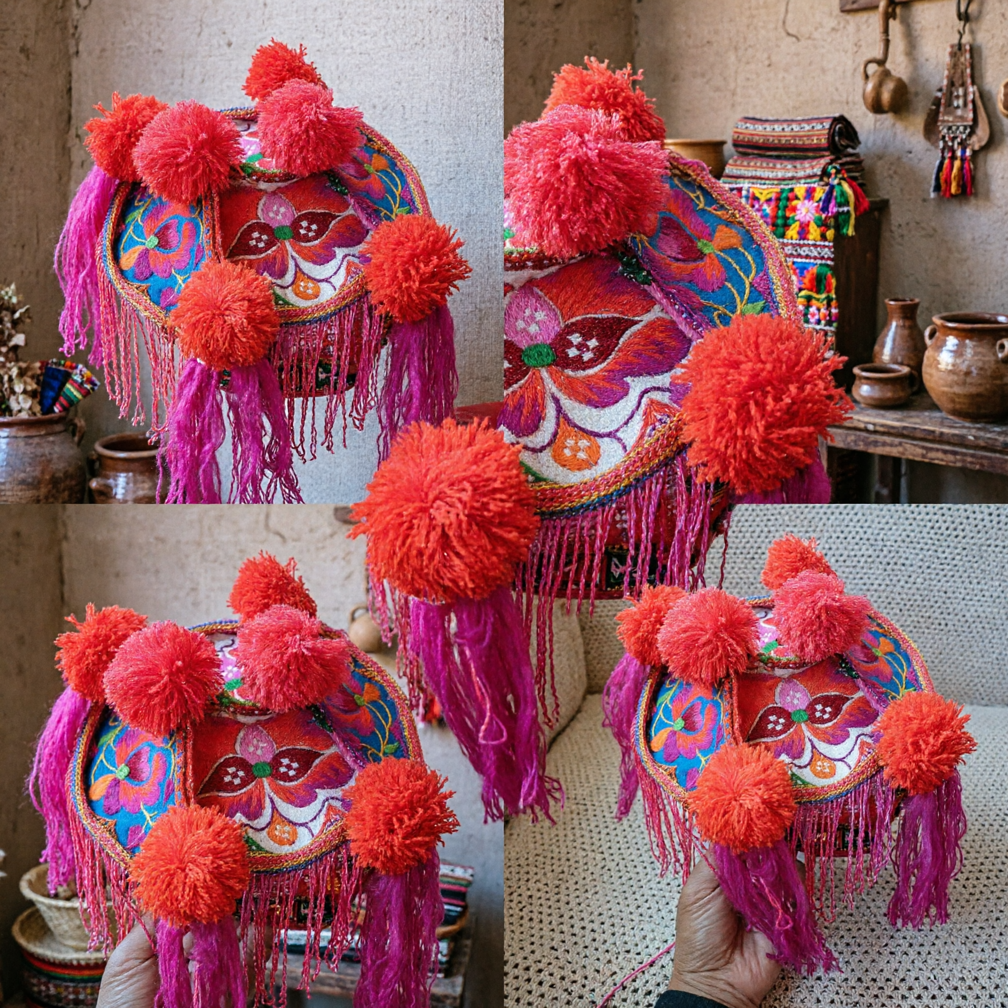 Tradycyjny chiński haftowany dziecięcy kapelusz z kolorowymi pomponami i chwostami do kostiumu na festiwal ludowy - Asian Costume