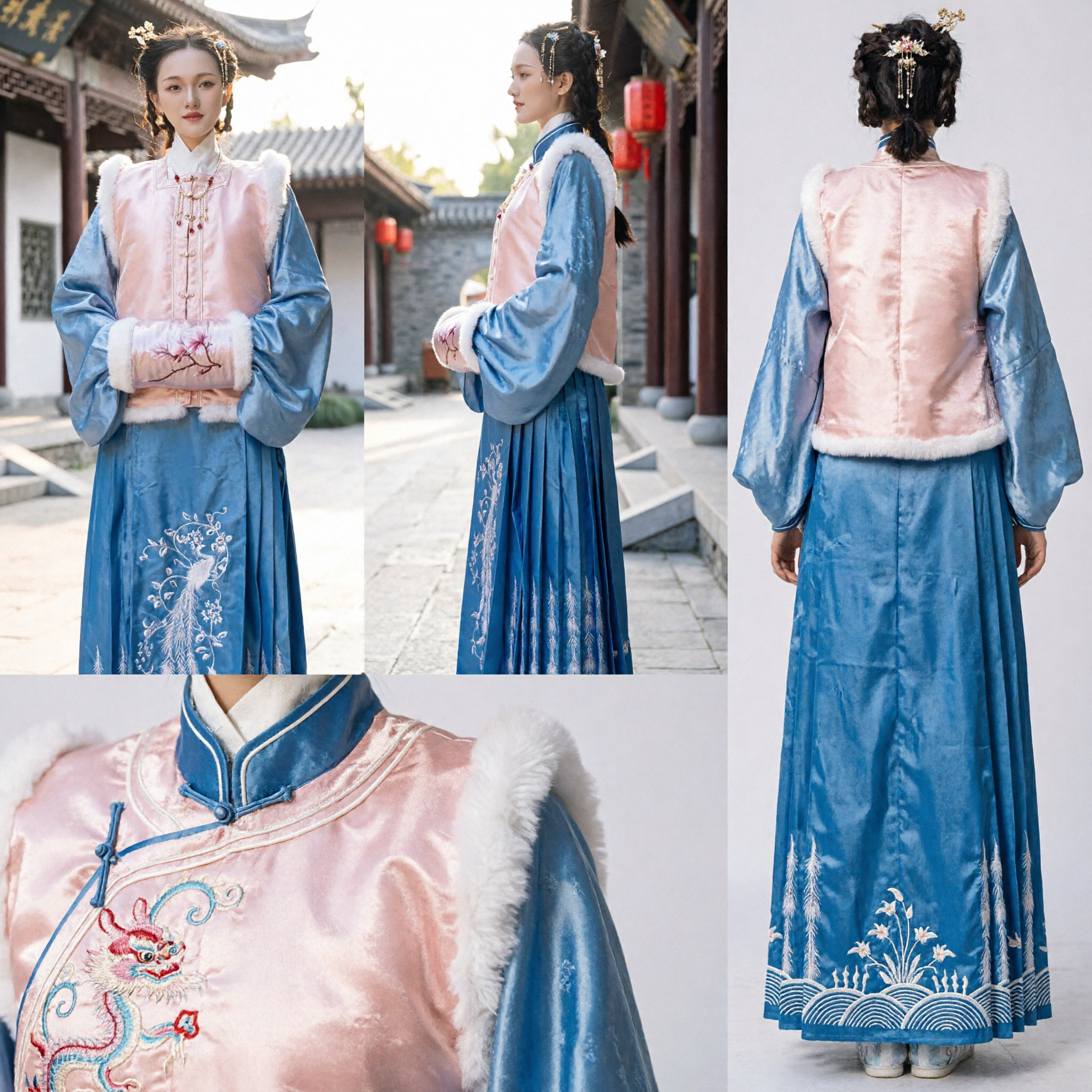 Ensemble d'hiver Hanfu de la dynastie Ming chinoise traditionnelle, gilet rose à bordure de fourrure et jupe longue bleue brodée, costume historique pour femmes - Asian Costume