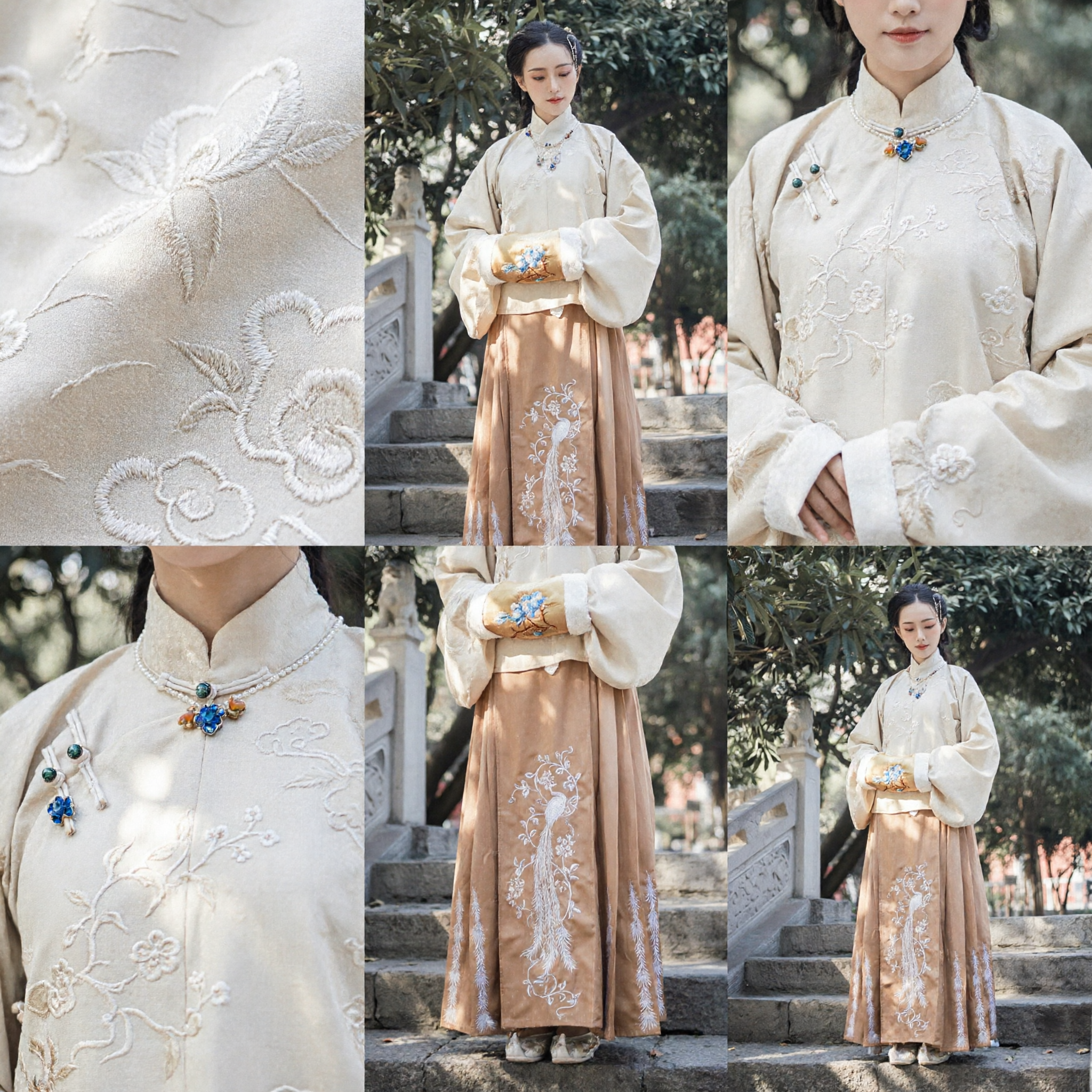 Traditioneel Chinese Ming-dynastie Hanfu kostuum voor dames, crème gevoerde jas en goud geborduurde lange rok set - Asian Costume