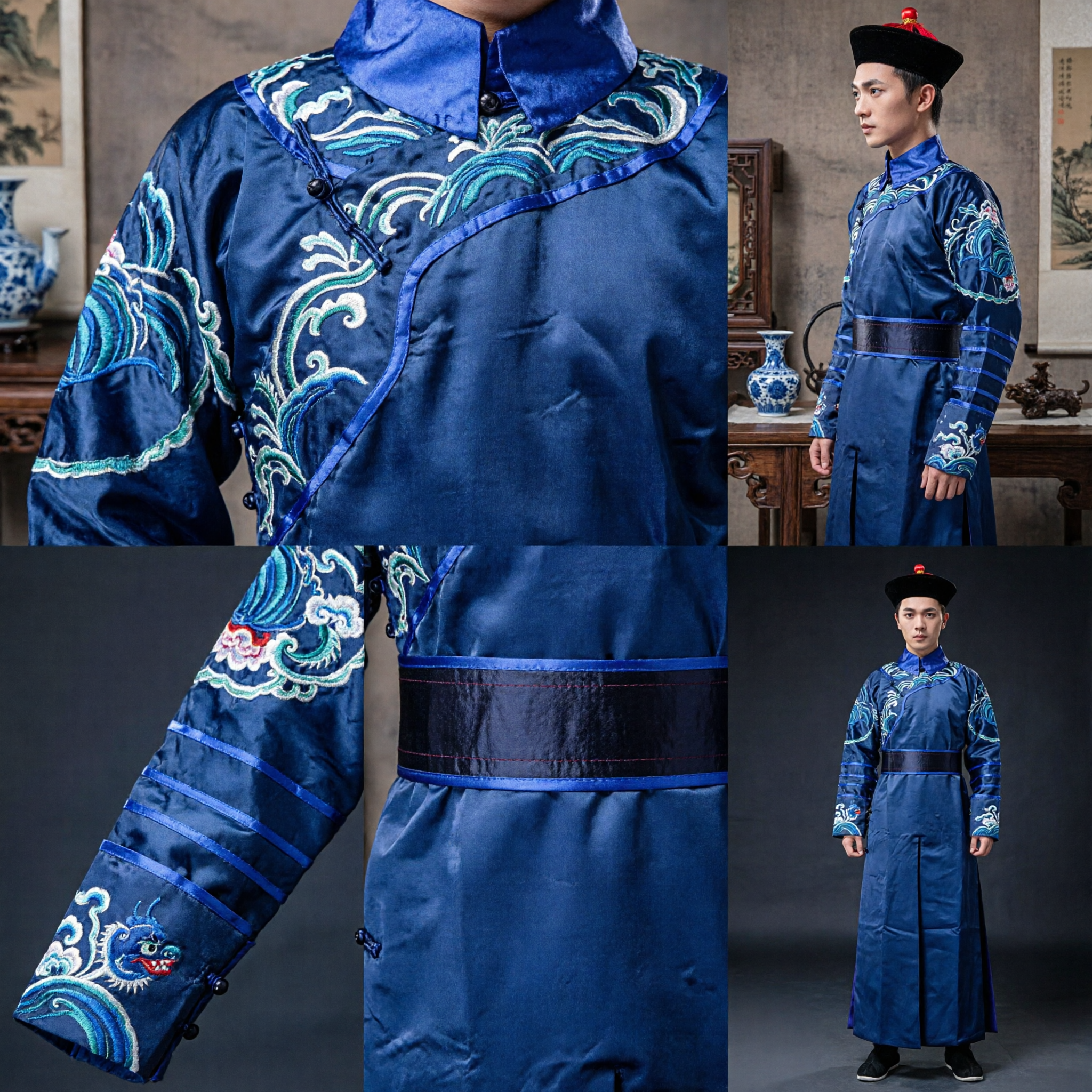 Traje Oficial Tradicional da Dinastia Qing Chinesa, Robe Azul Bordado, Fantasia de Kung Fu e Artes Marciais para Homens - Asian Costume