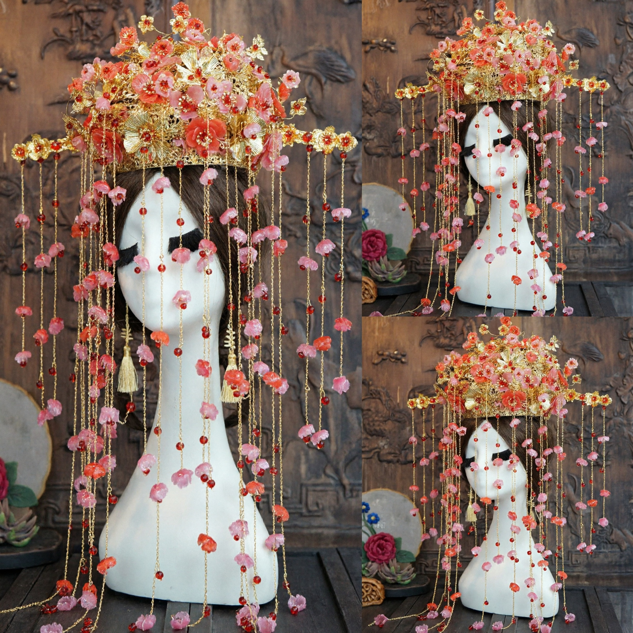 Acessórios de Cabelo para Casamento Tradicional Chinês, Coroa de Fênix Antiga para Noivas, Diadema Floral Dourado e Vermelho para Traje Hanfu - Asian Costume