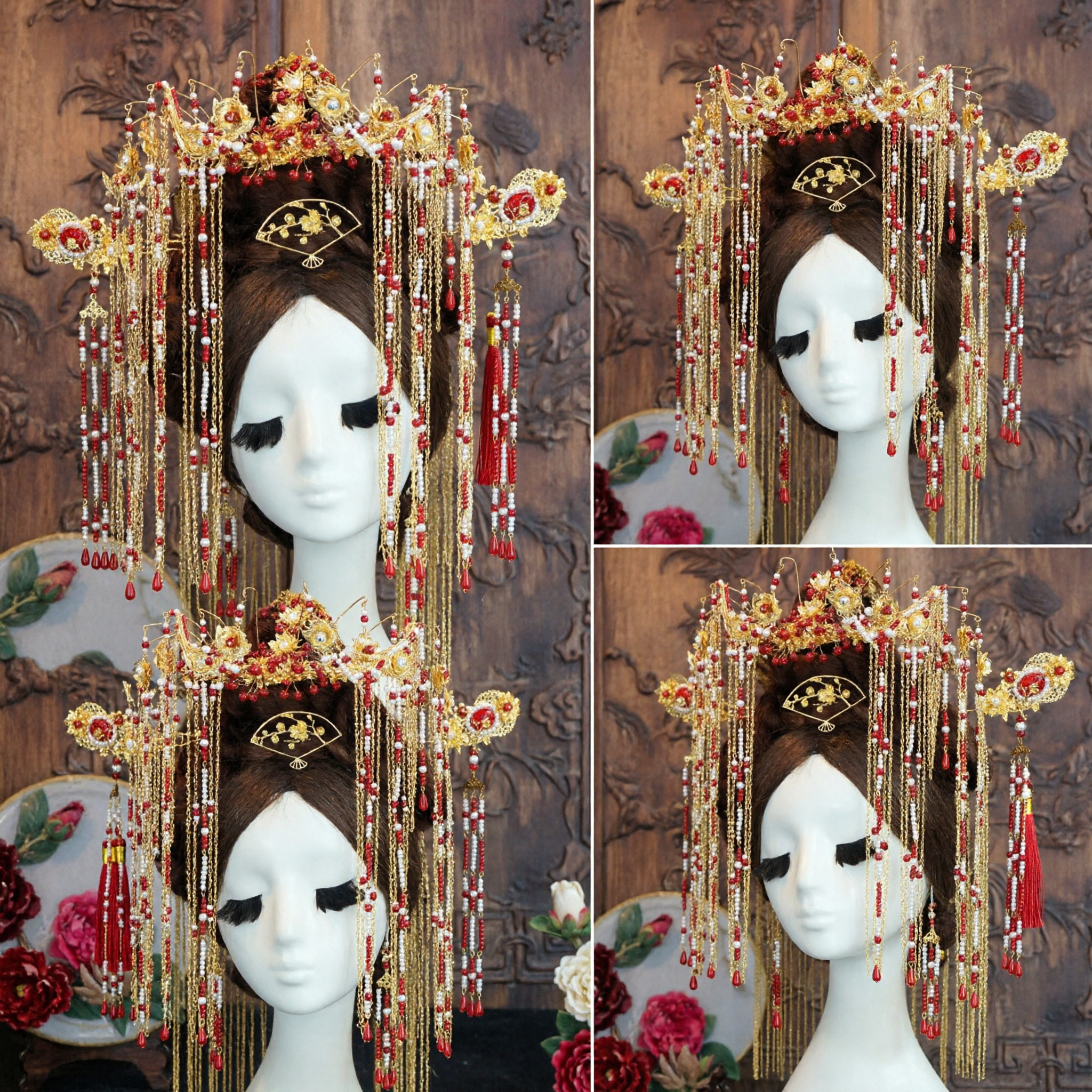 Wyszukana starożytna chińska korona feniksa na wesele z złoto-czerwonymi perłowymi frędzlami dla panien młodych w Hanfu - Asian Costume