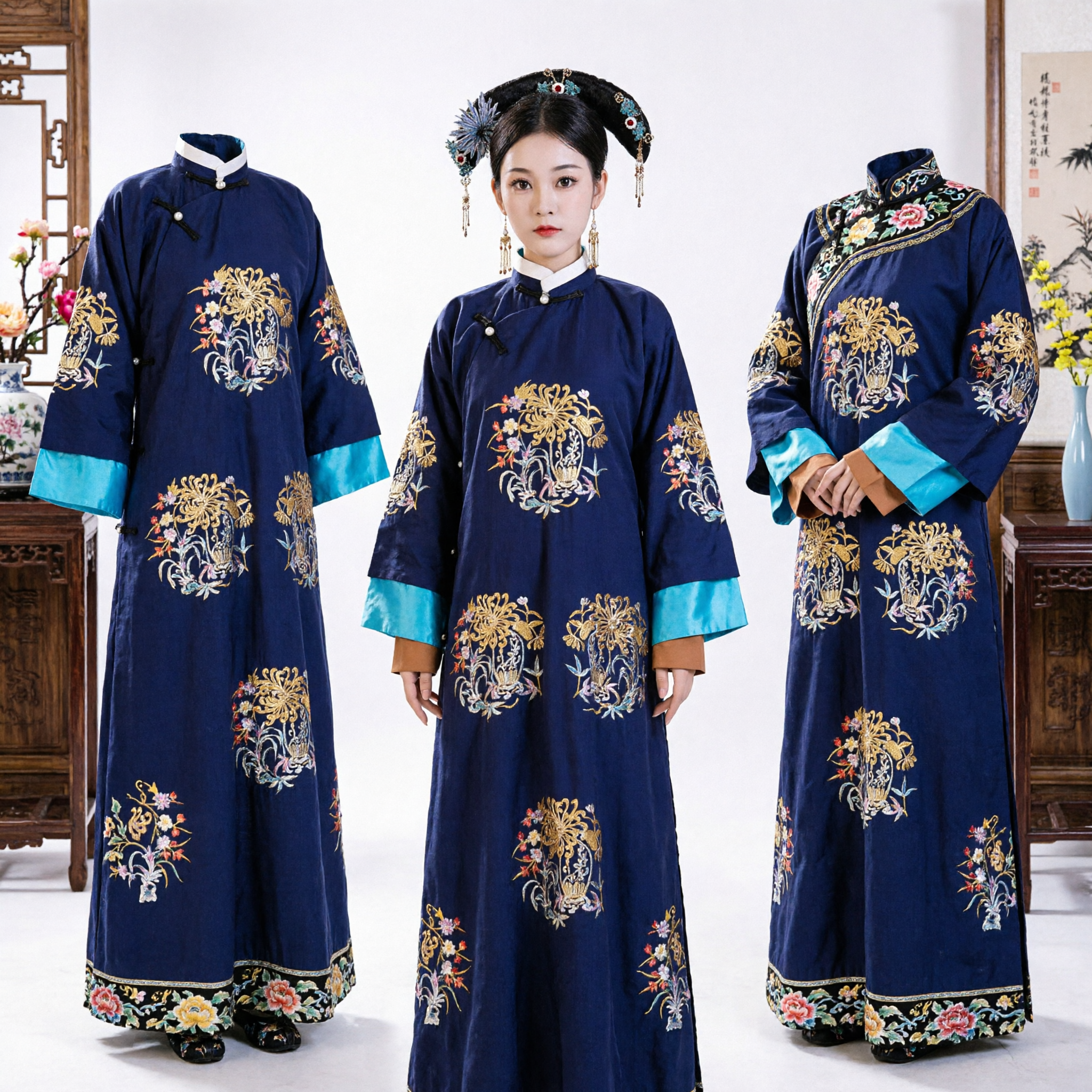 Traje de Princesa Manchu da Dinastia Qing Antiga Chinesa, Robe Azul Bordado, Hanfu Tradicional para Mulheres - Asian Costume