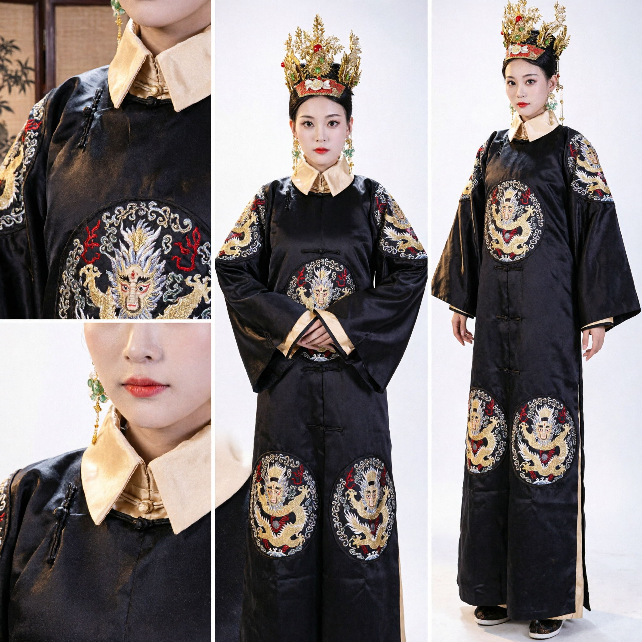Traje Tradicional Chino Antiguo de la Dinastía Ming Túnica de Dragón Negro de Emperatriz Conjunto Completo de Hanfu con Corona para Mujeres - Asian Costume