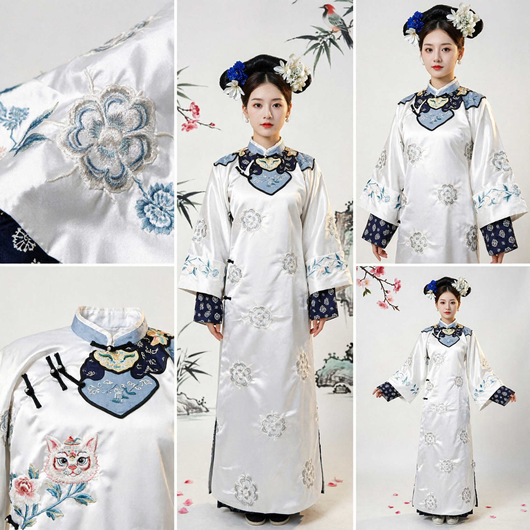 전통 중국 청나라 만주족 의상 흰색 자수 궁녀 드레스 여성 코스프레 공연용 - Asian Costume